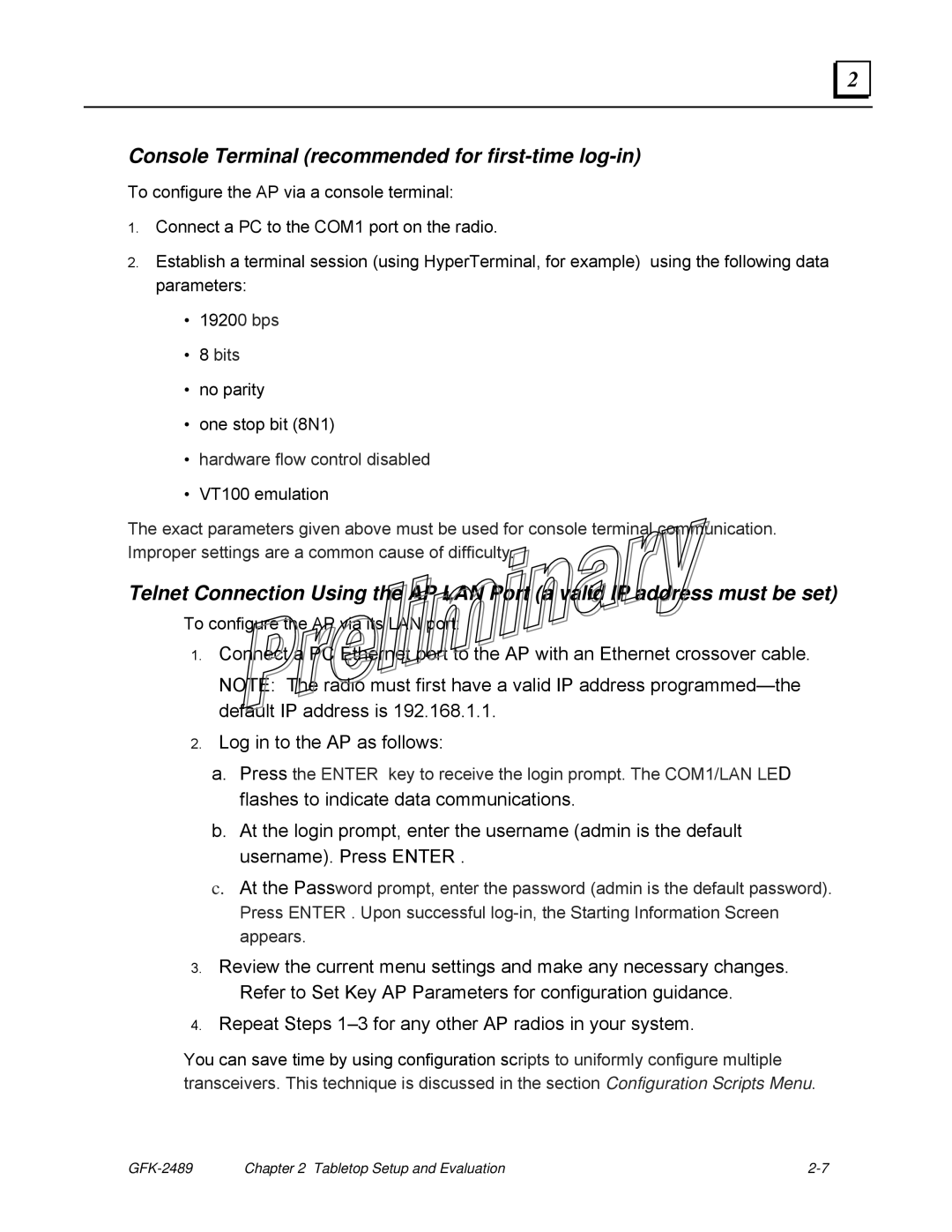 GE GFK-2489 user manual Console Terminal recommended for first-time log-in 