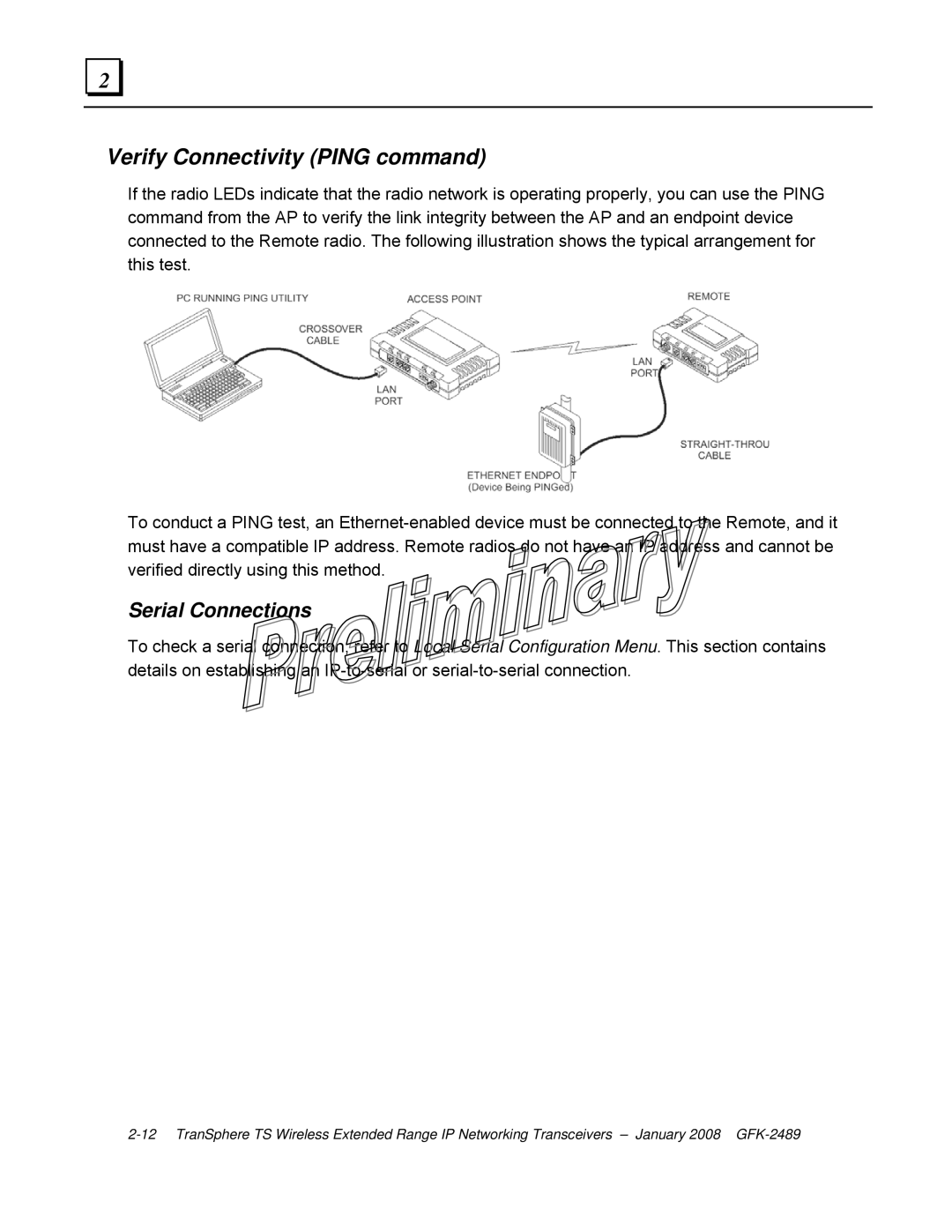 GE GFK-2489 user manual Verify Connectivity Ping command, Serial Connections 