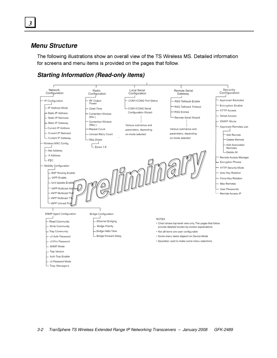 GE GFK-2489 user manual Menu Structure, Starting Information Read-only items 