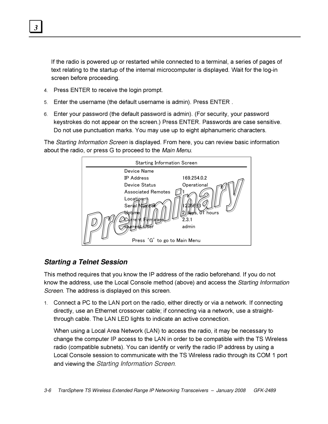 GE GFK-2489 user manual Starting a Telnet Session 