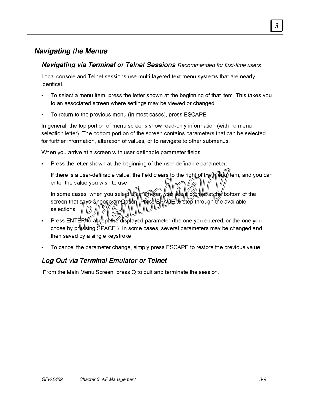 GE GFK-2489 user manual Navigating the Menus, Log Out via Terminal Emulator or Telnet 