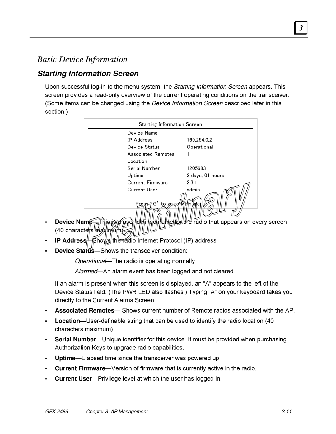 GE GFK-2489 user manual Basic Device Information, Starting Information Screen 