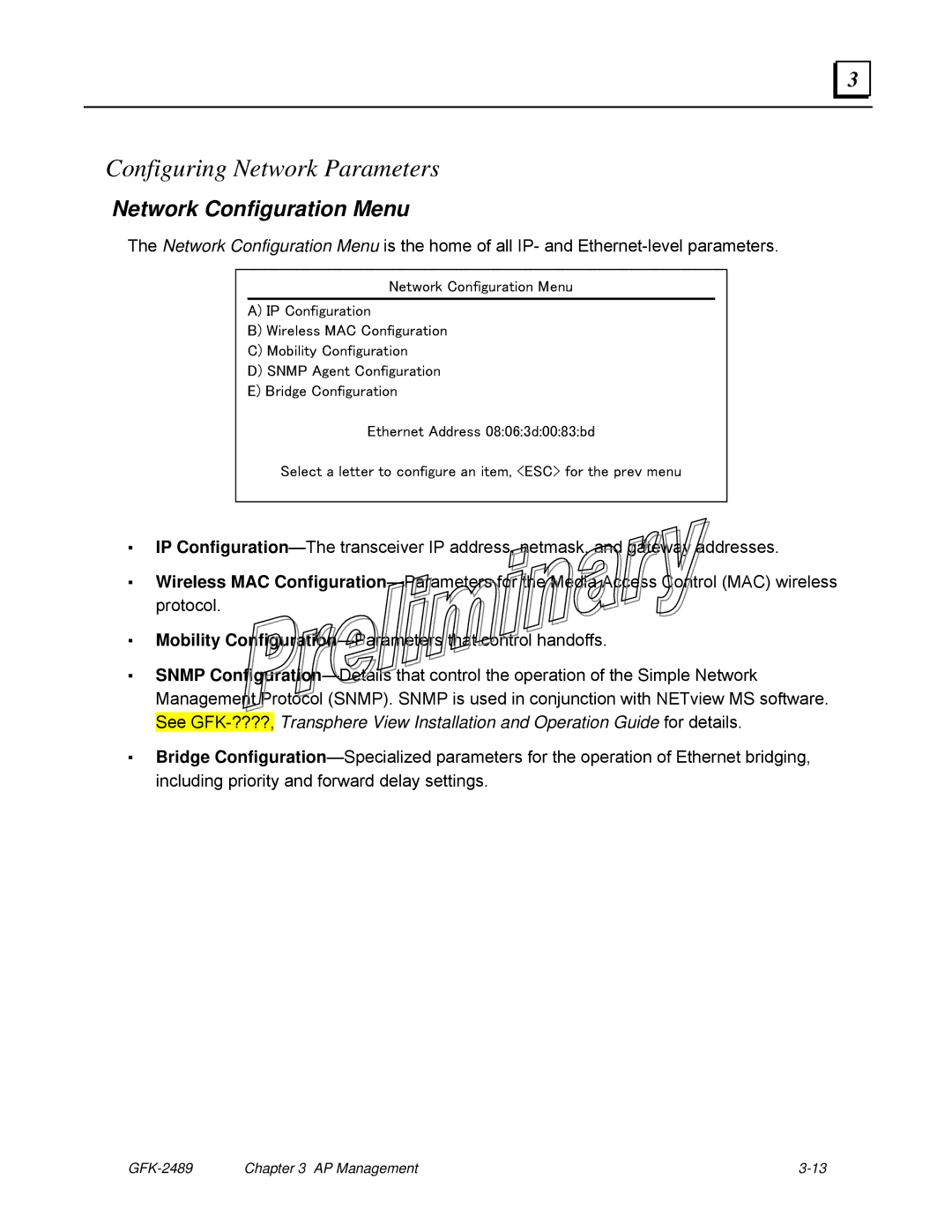 GE GFK-2489 user manual Configuring Network Parameters, Network Configuration Menu 