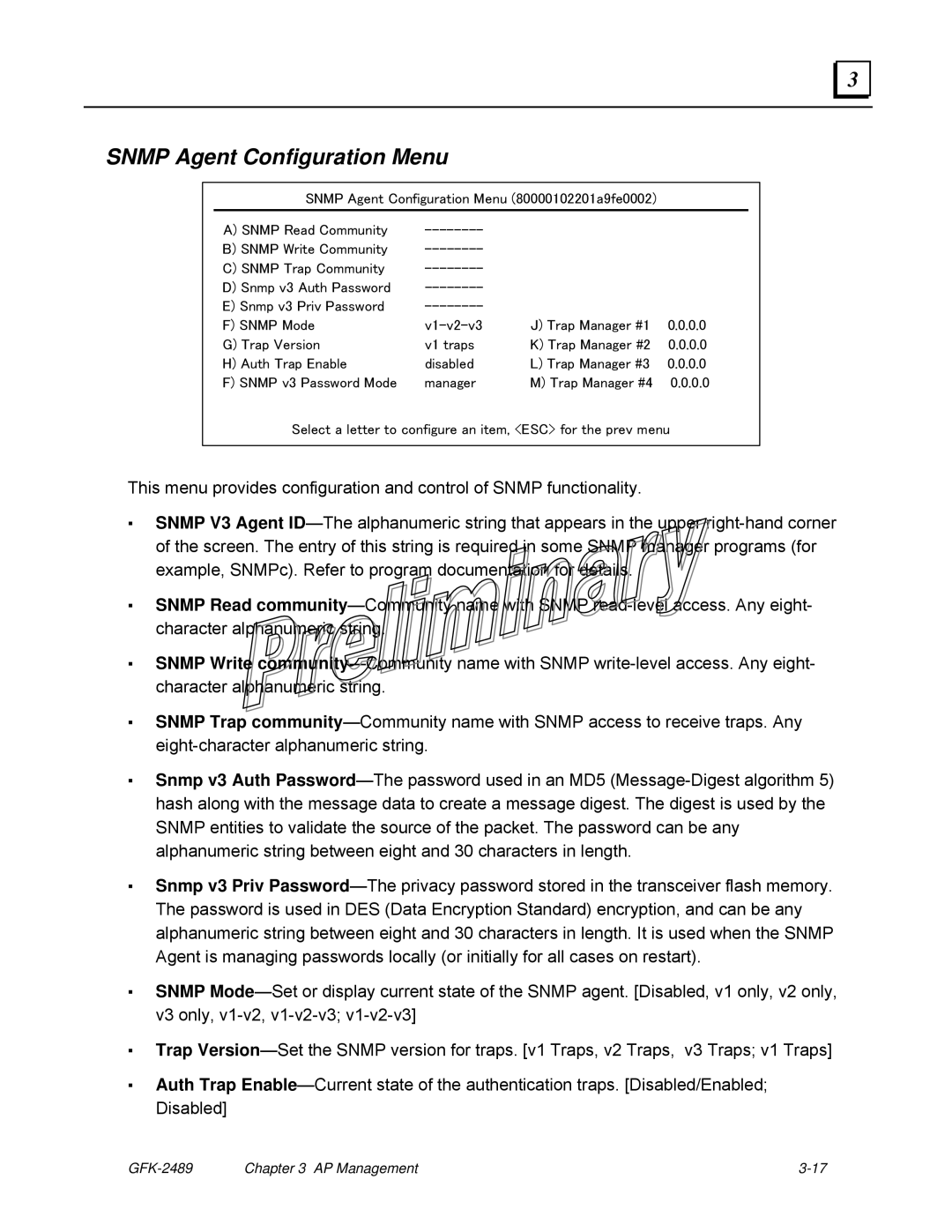 GE GFK-2489 user manual Snmp Agent Configuration Menu 