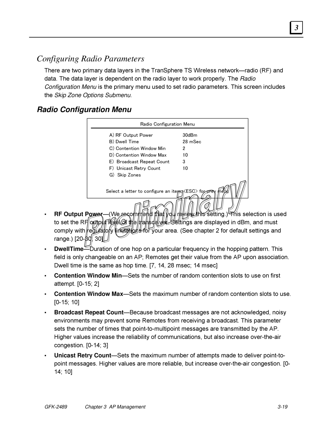 GE GFK-2489 user manual Configuring Radio Parameters, Radio Configuration Menu 