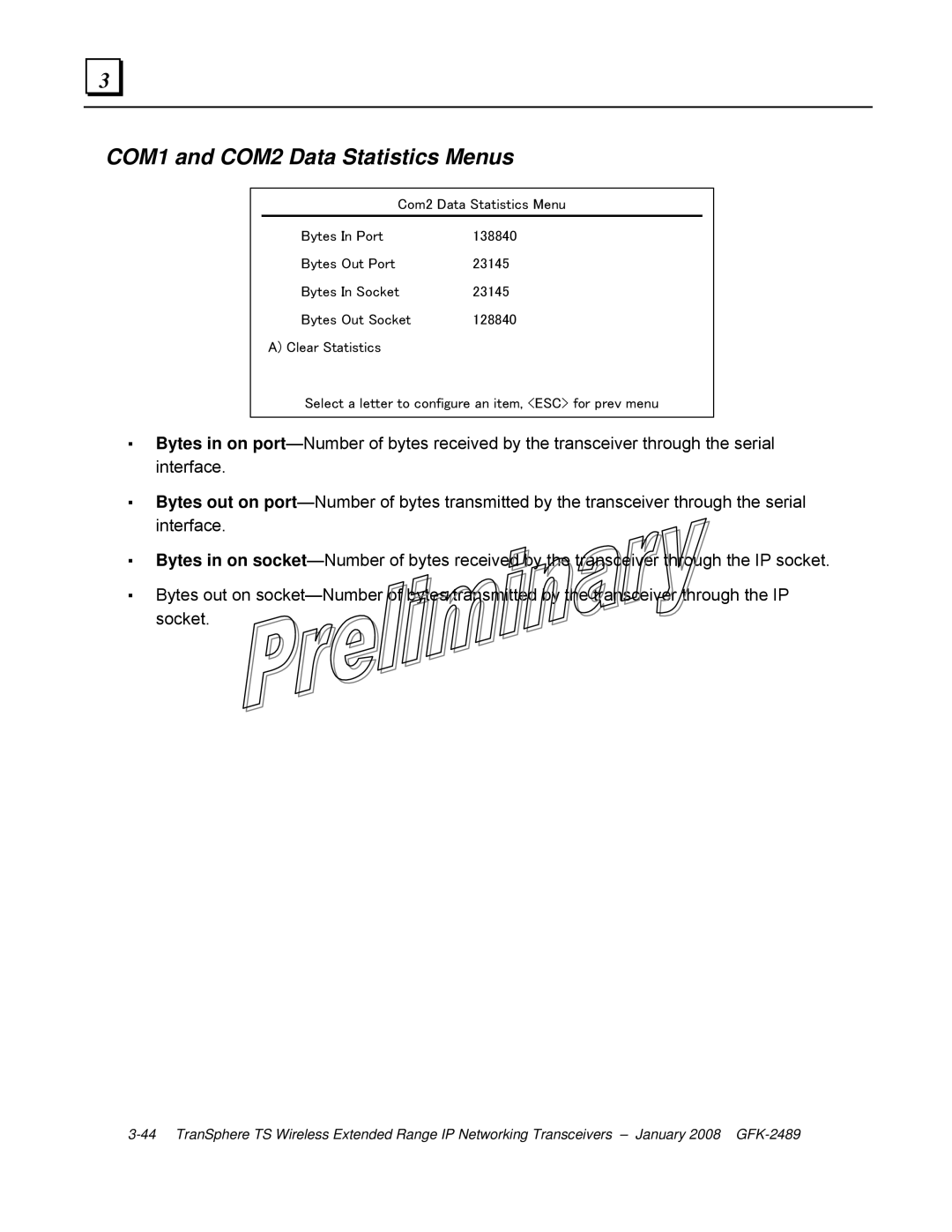 GE GFK-2489 user manual COM1 and COM2 Data Statistics Menus 