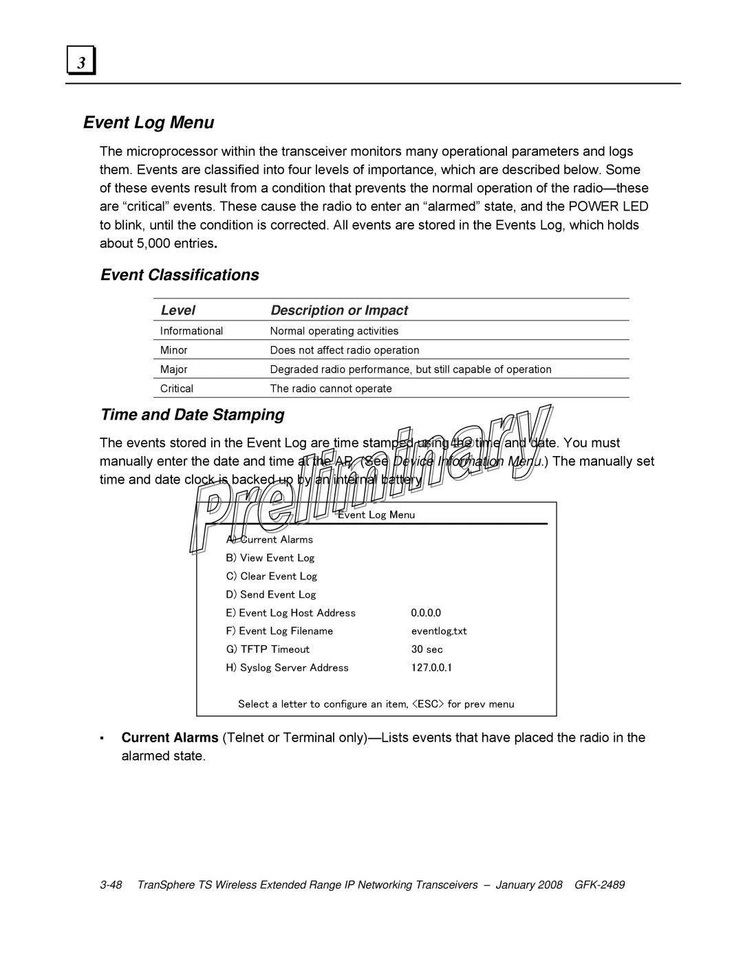 GE GFK-2489 user manual Event Log Menu, Event Classifications, Time and Date Stamping 