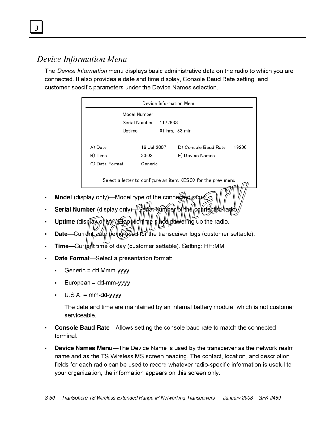 GE GFK-2489 user manual Device Information Menu 