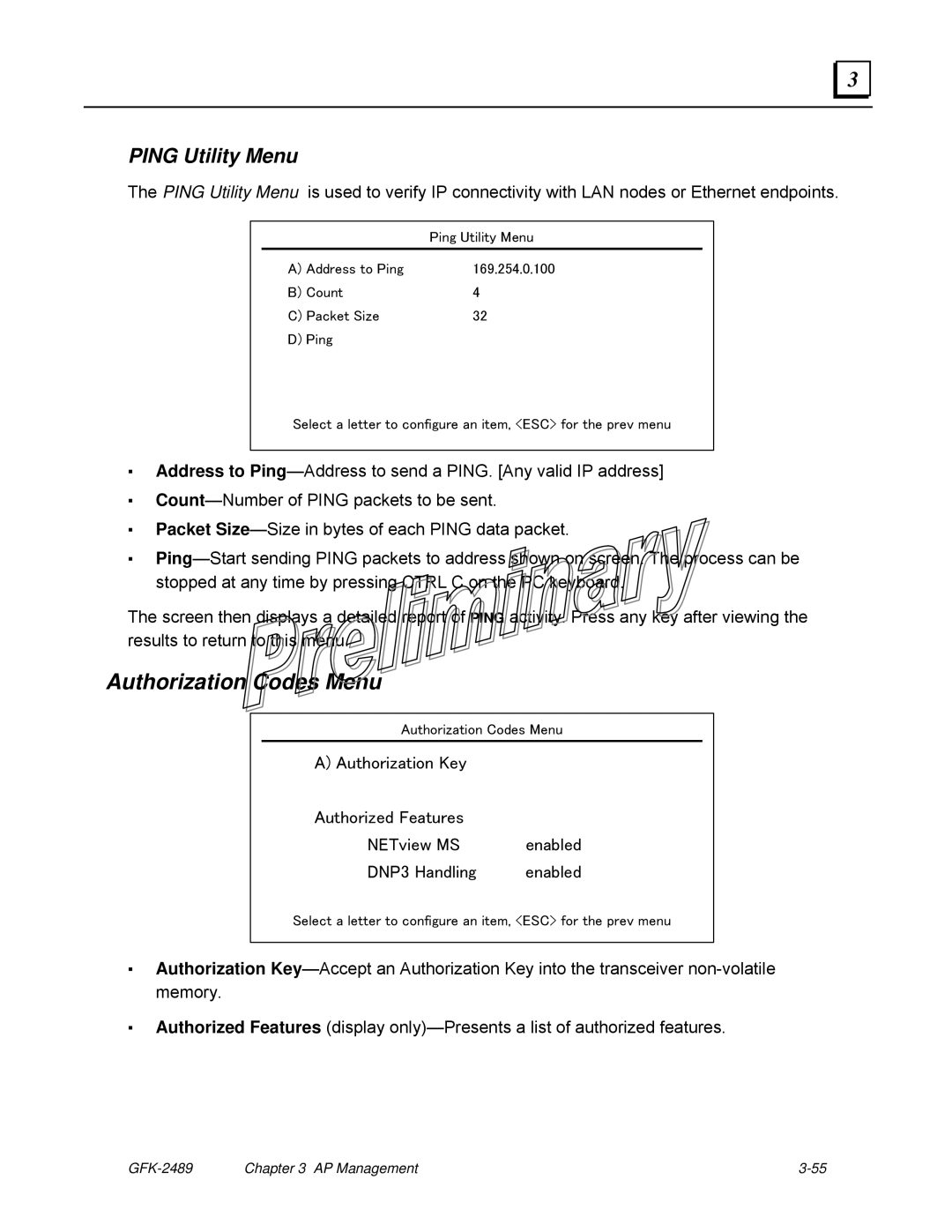 GE GFK-2489 user manual Authorization Codes Menu, Ping Utility Menu 