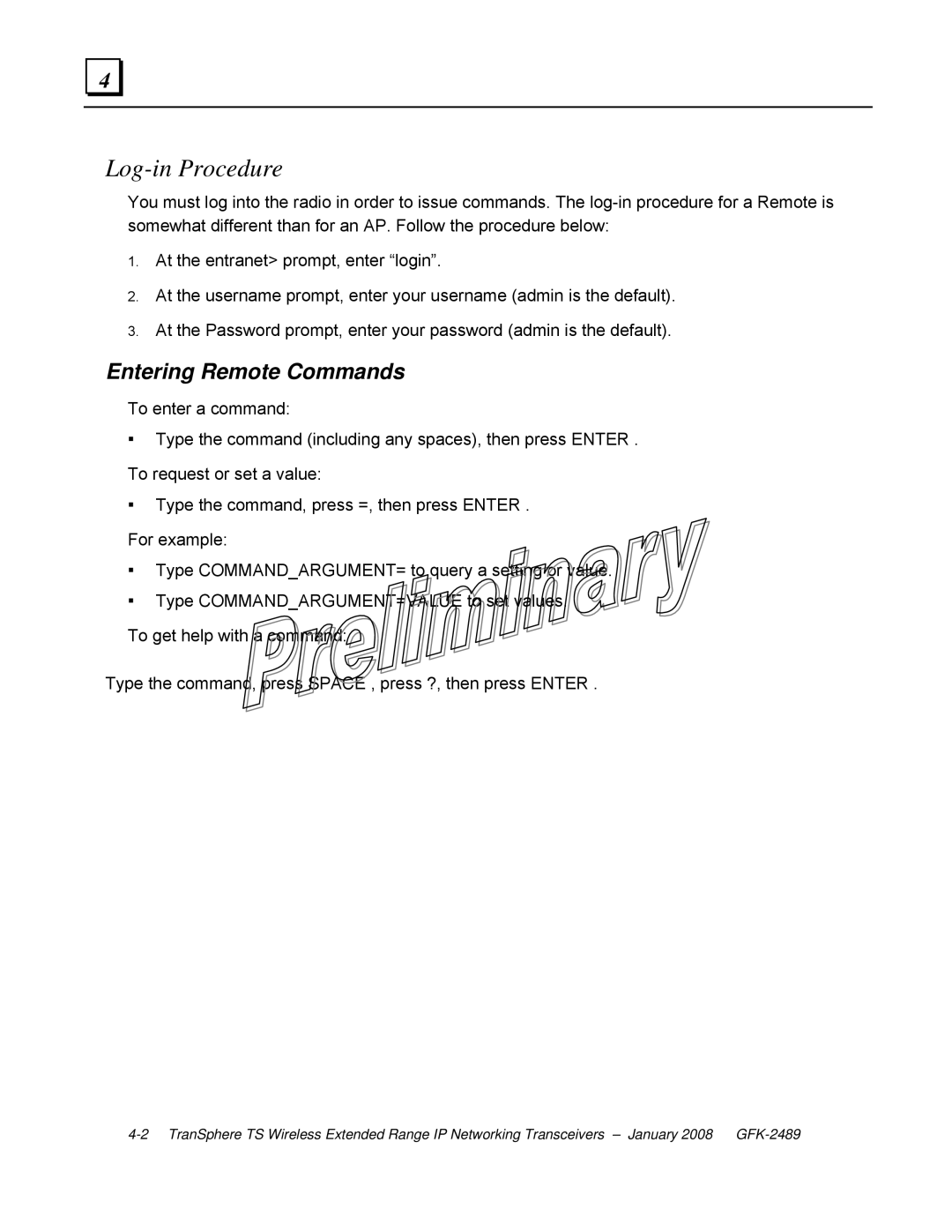 GE GFK-2489 user manual Log-in Procedure, Entering Remote Commands 