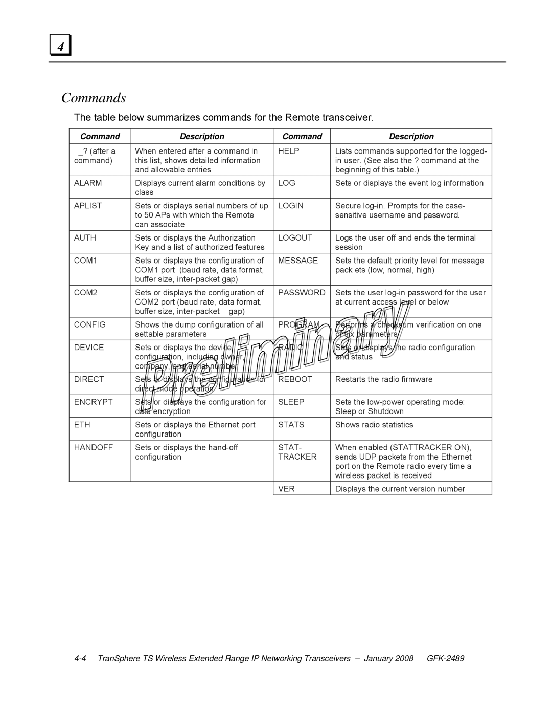 GE GFK-2489 user manual Commands, Table below summarizes commands for the Remote transceiver 