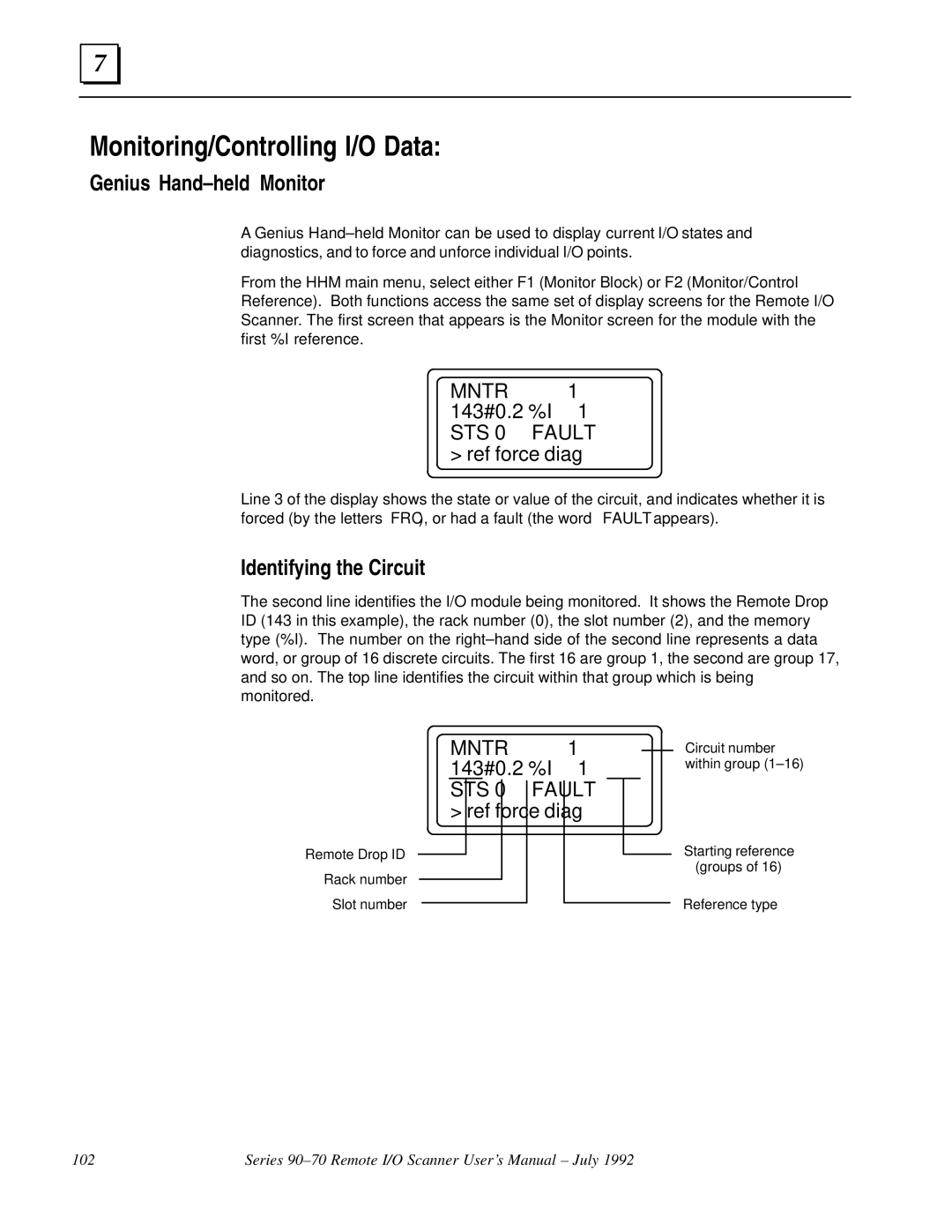 GE GFK0579B Monitoring/Controlling I/O Data, Genius Hand±held Monitor, Identifying the Circuit, 143#0.2 %I, Ref force diag 