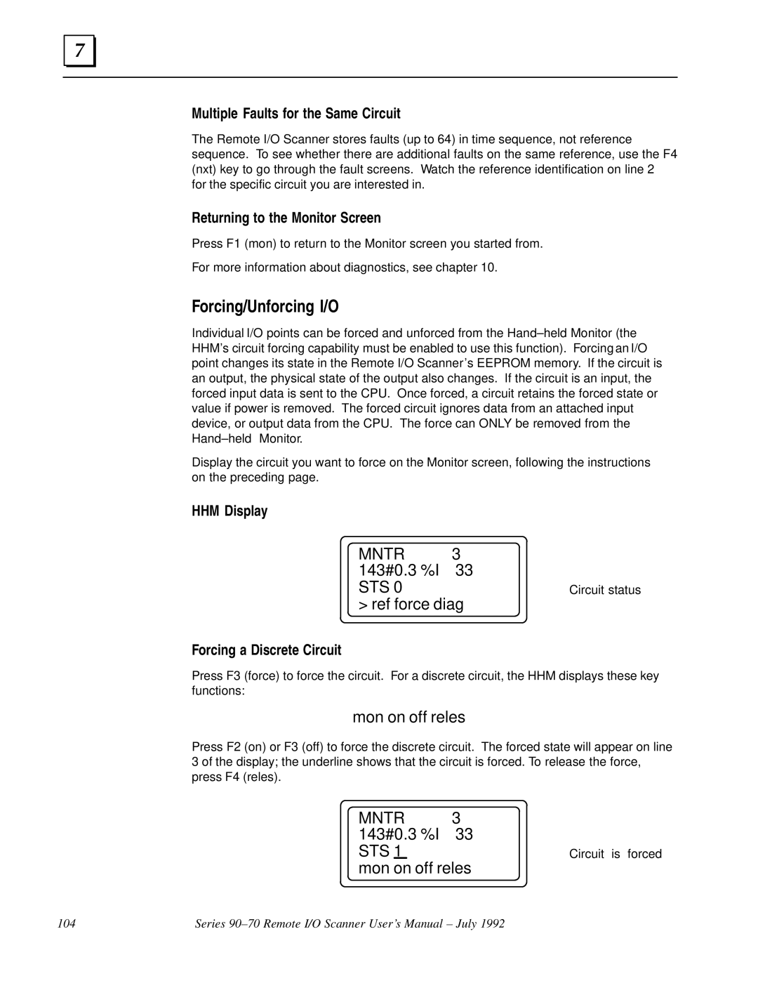 GE GFK0579B user manual Forcing/Unforcing I/O, MNTR3 143#0.3 %I 33 STS Ref force diag, Mon on off reles 