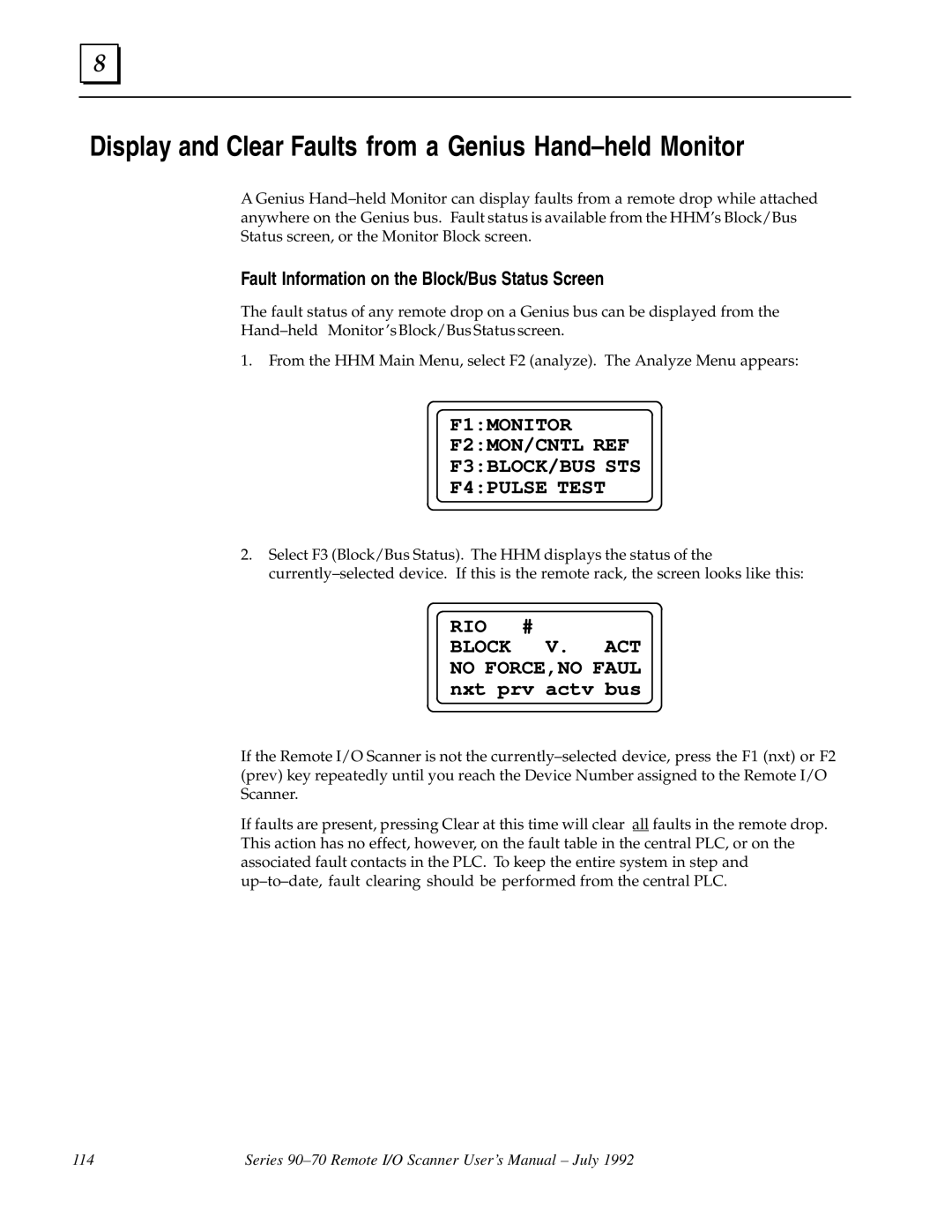 GE GFK0579B Display and Clear Faults from a Genius Hand±held Monitor, Block V. ACT no FORCE,NO Faul nxt prv actv bus 