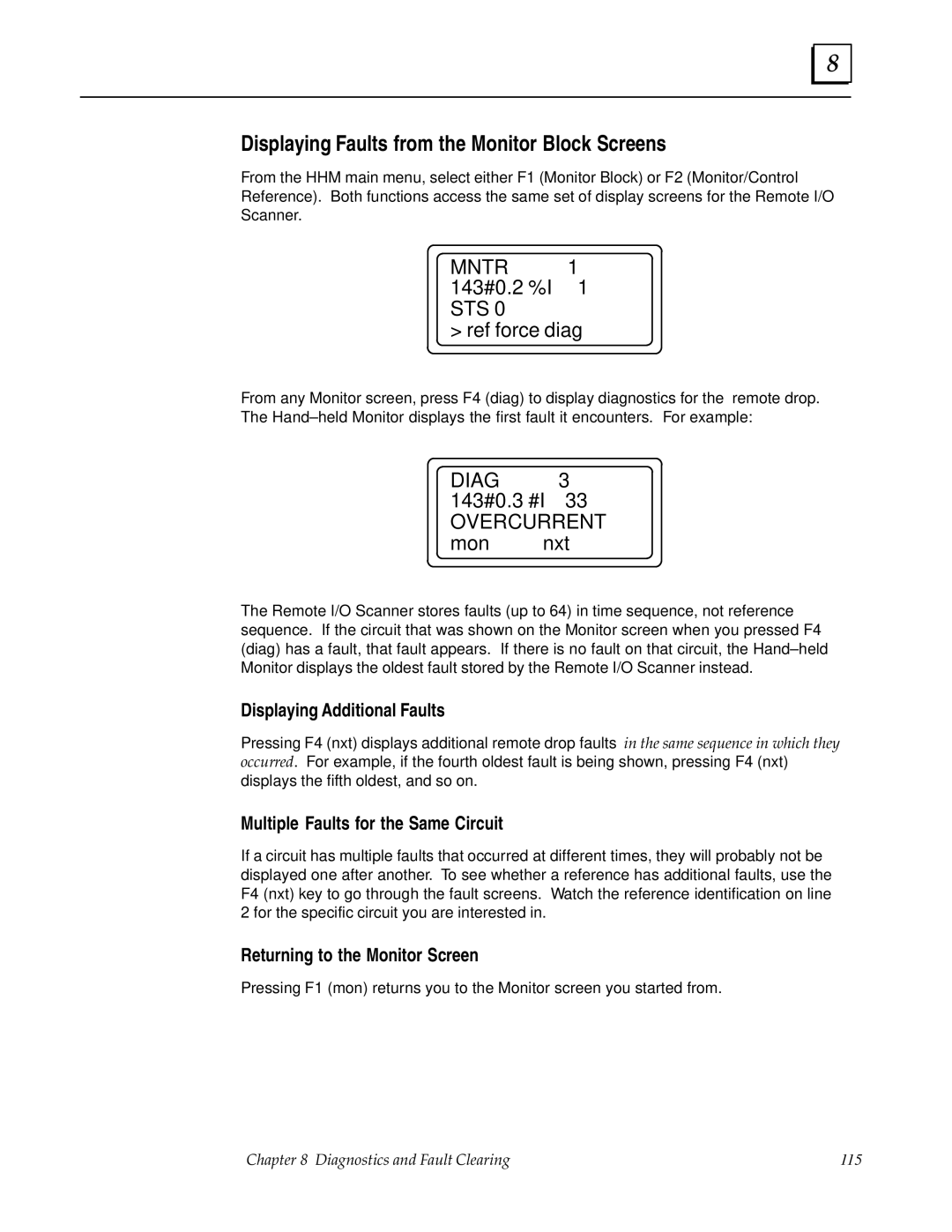 GE GFK0579B user manual Displaying Faults from the Monitor Block Screens, 143#0.2 %I 1 STS Ref force diag, DIAG3 143#0.3 #I 