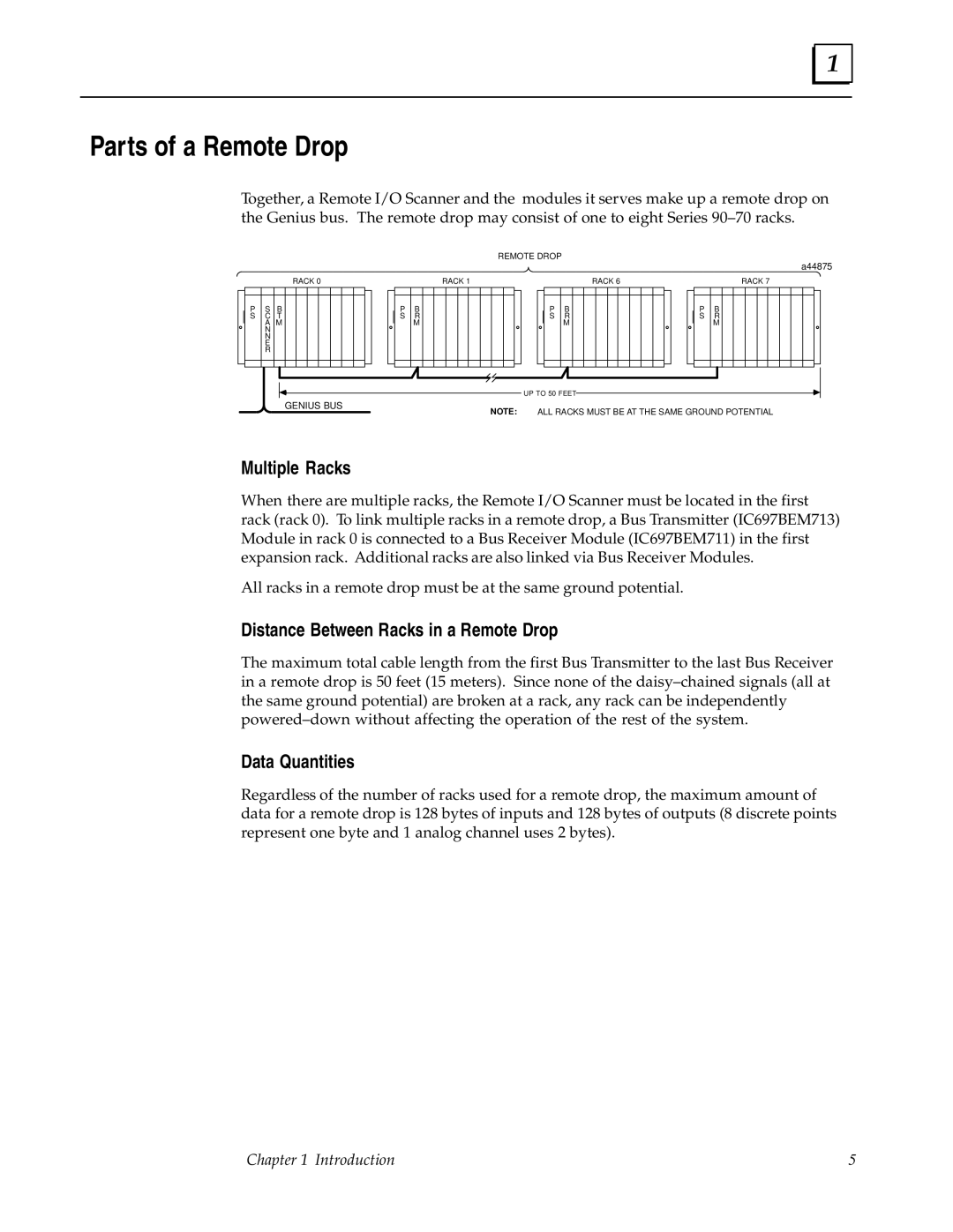 GE GFK0579B user manual Parts of a Remote Drop, Multiple Racks, Distance Between Racks in a Remote Drop, Data Quantities 