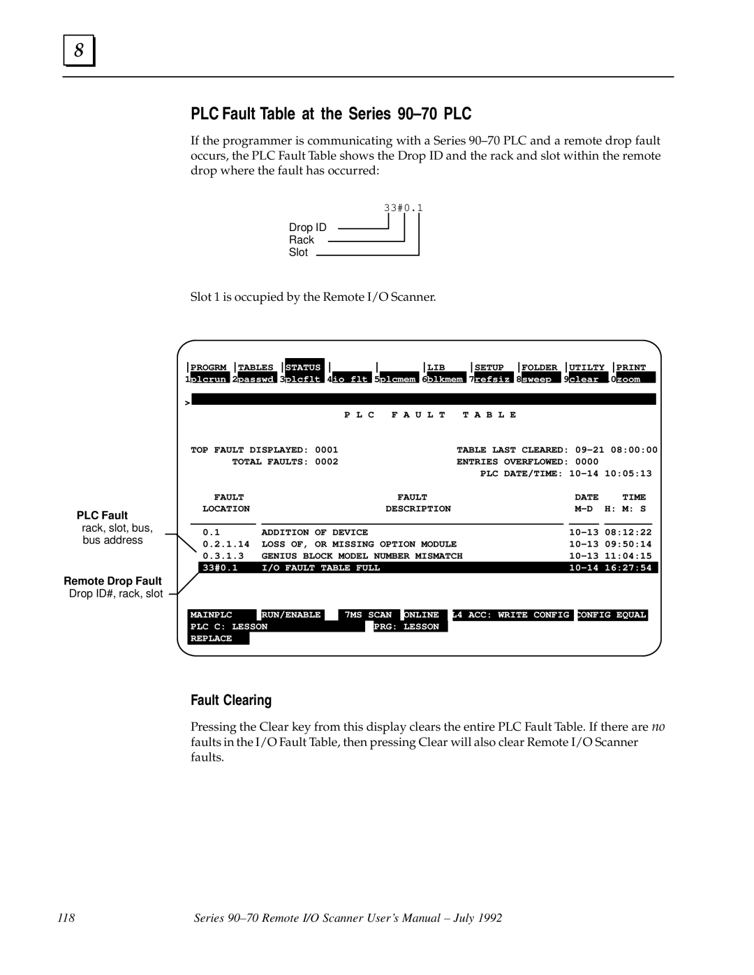 GE GFK0579B user manual PLC Fault Table at the Series 90±70 PLC, Slot 1 is occupied by the Remote I/O Scanner 