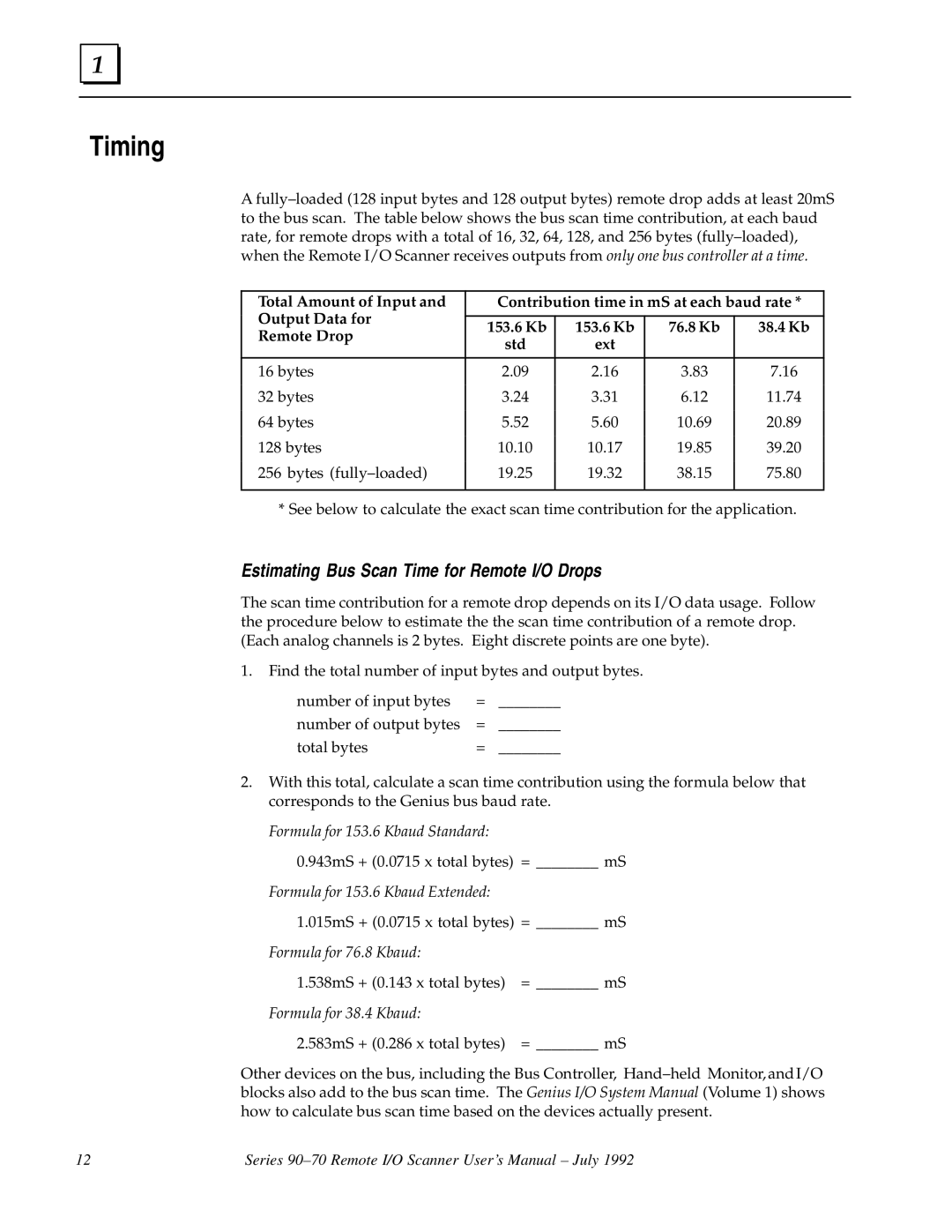 GE GFK0579B user manual Timing, Estimating Bus Scan Time for Remote I/O Drops 