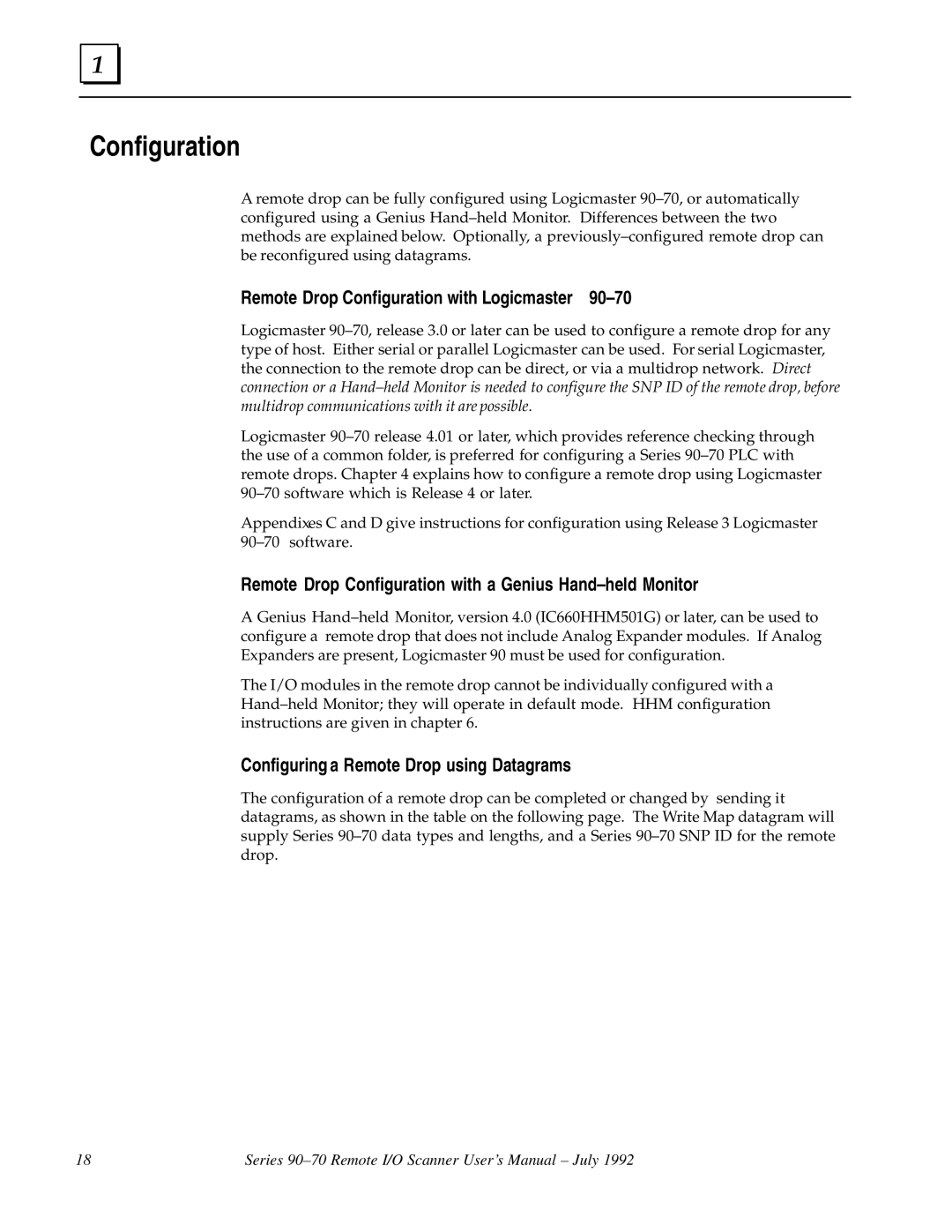 GE GFK0579B user manual Remote Drop Configuration with Logicmaster 90±70, Configuring a Remote Drop using Datagrams 