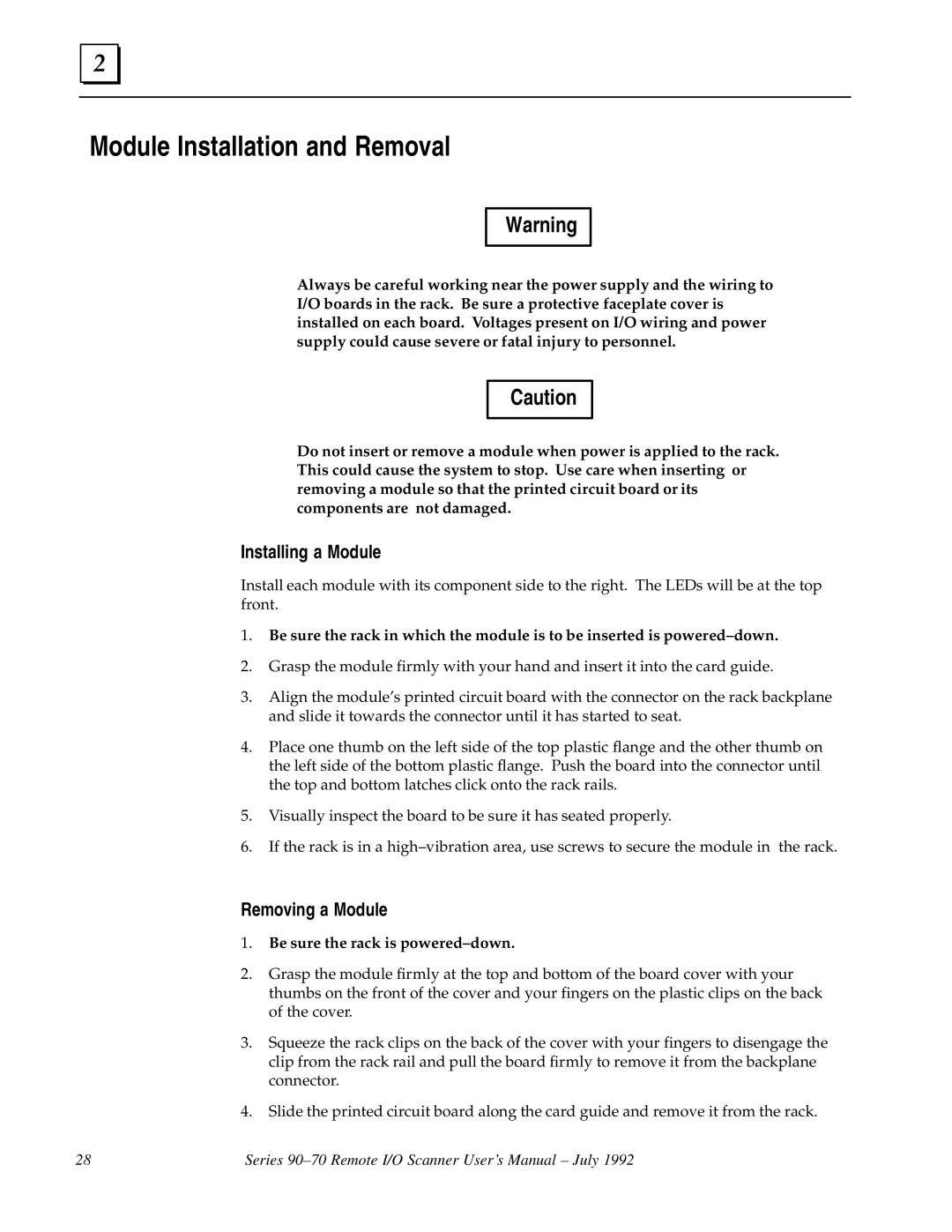 GE GFK0579B user manual Module Installation and Removal, Installing a Module, Removing a Module 