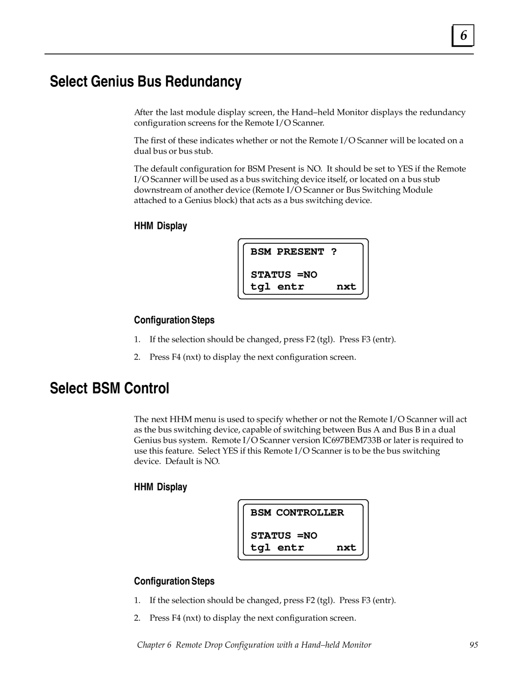 GE GFK0579B user manual Select Genius Bus Redundancy, Select BSM Control, Tgl entr Nxt 