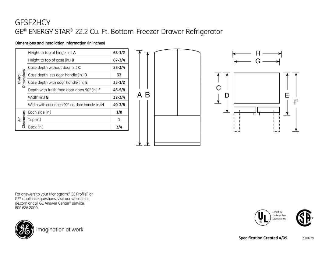 GE GFSF2HCYWW, GFSF2HCYBB dimensions 