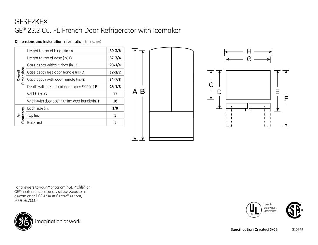 GE GFSF2KEX dimensions GE 22.2 Cu. Ft. French Door Refrigerator with Icemaker 