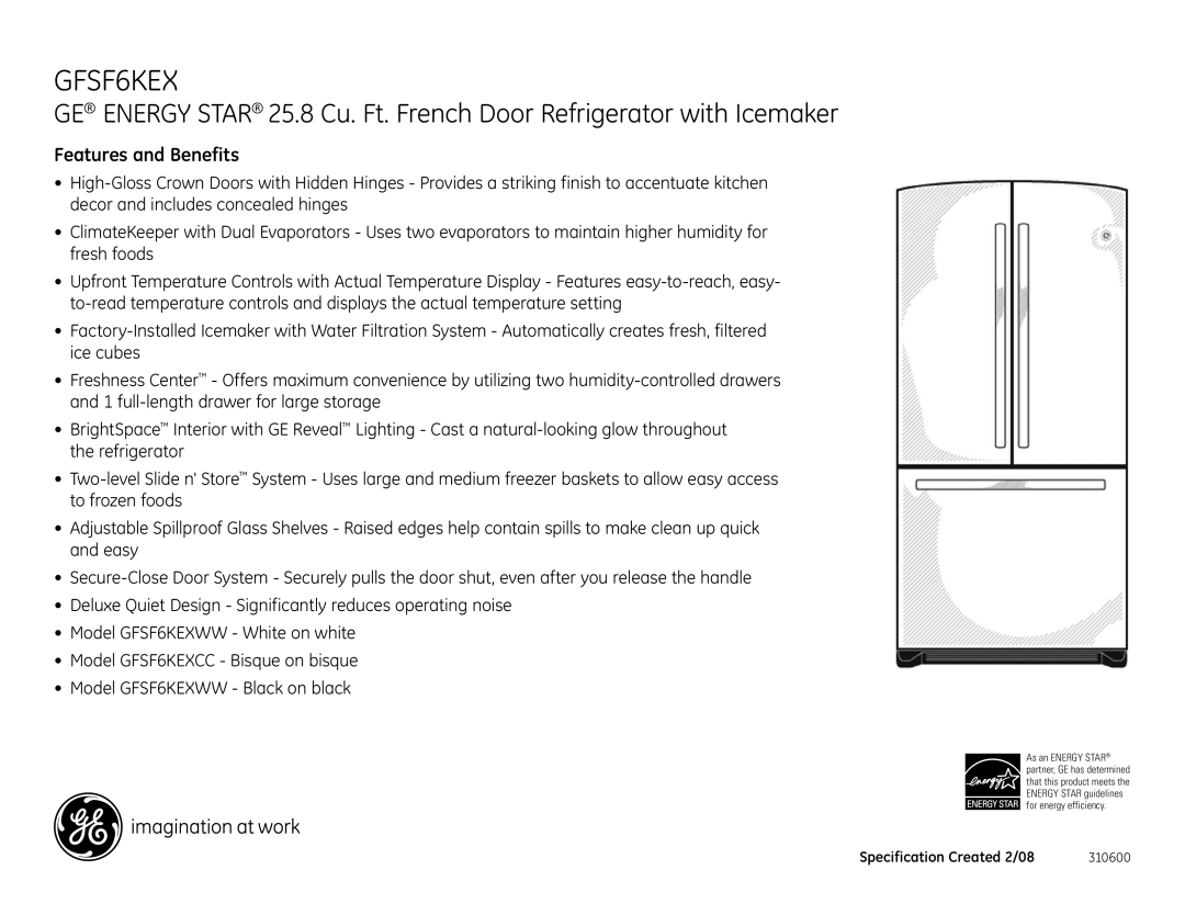 GE GFSF6KEX dimensions Features and Benefits 