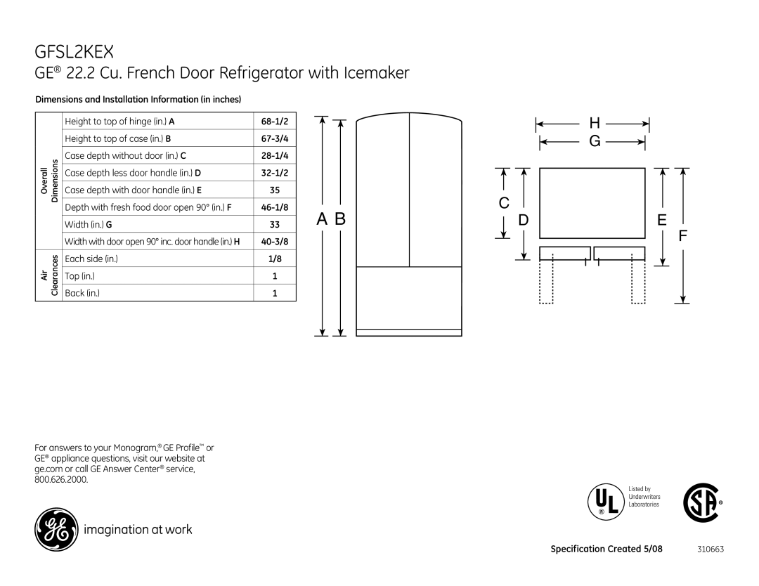 GE GFSL2KEX dimensions GE 22.2 Cu. French Door Refrigerator with Icemaker 