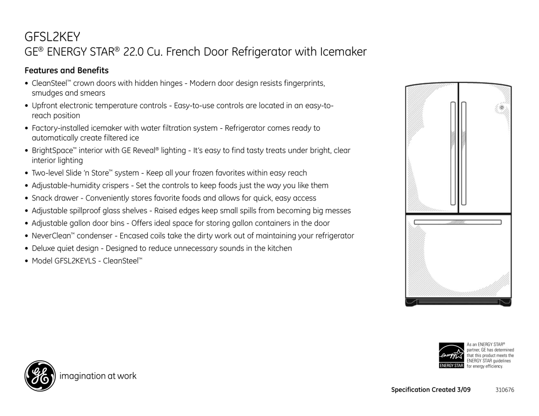 GE GFSL2KEY dimensions Features and Benefits 