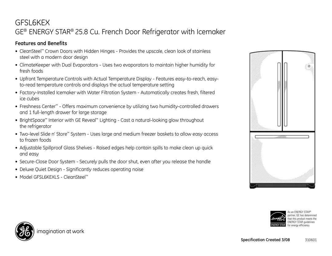 GE GFSL6KEXLS dimensions Features and Benefits 