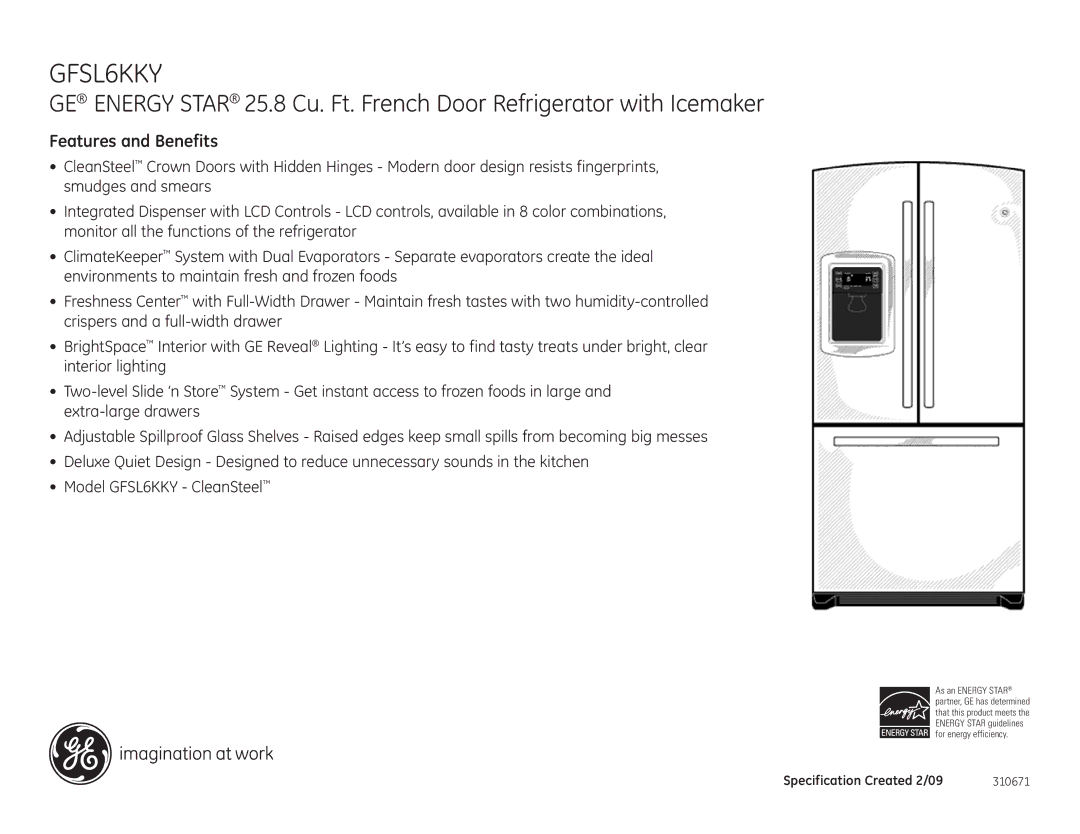 GE GFSL6KKY dimensions Features and Benefits 