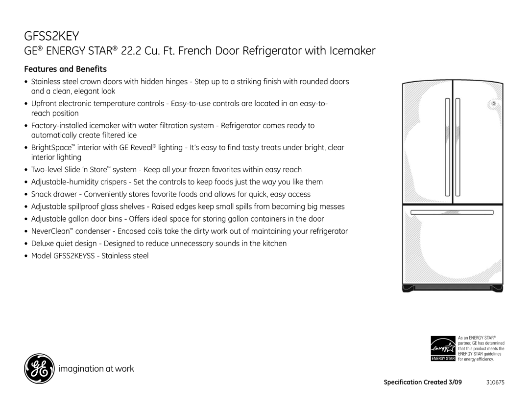 GE GFSS2KEYSS dimensions Features and Benefits 