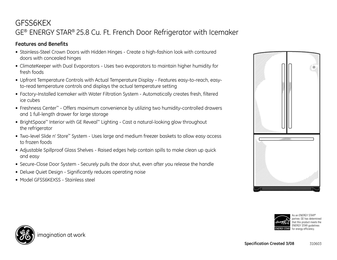 GE GFSS6KEXSS dimensions Features and Benefits 