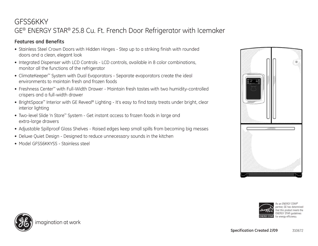 GE GFSS6KKY dimensions Features and Benefits 