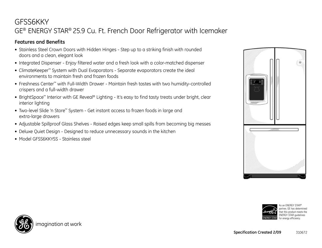 GE GFSS6KKYSS dimensions Features and Benefits 