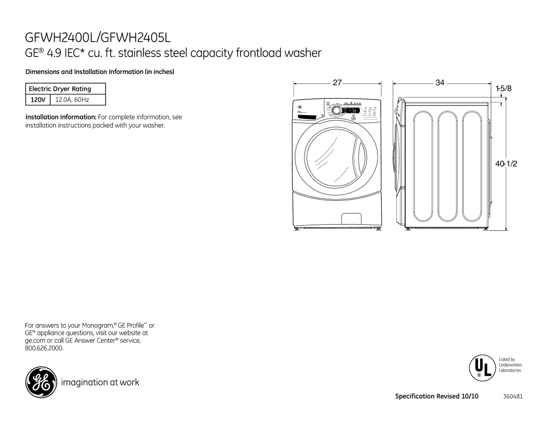 GE GFWH2405LMS, GFWH2400LWW, GFWH2405LMV, SBSD137HWW dimensions 12.0A, 60Hz, Specification Revised 10/10 