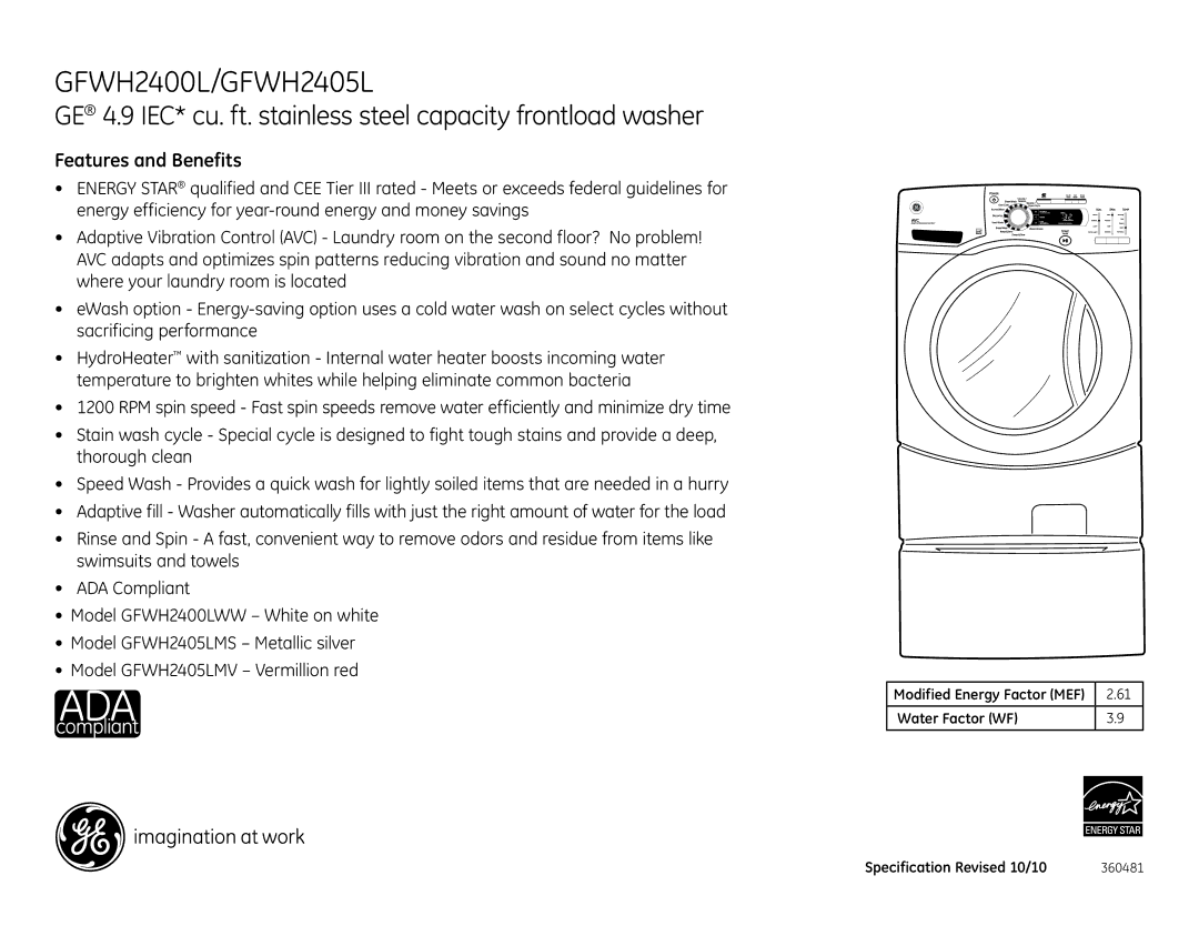 GE GFWH2405LMS, GFWH2400LWW, GFWH2405LMV, SBSD137HWW Features and Benefits, Water Factor WF Specification Revised 10/10 