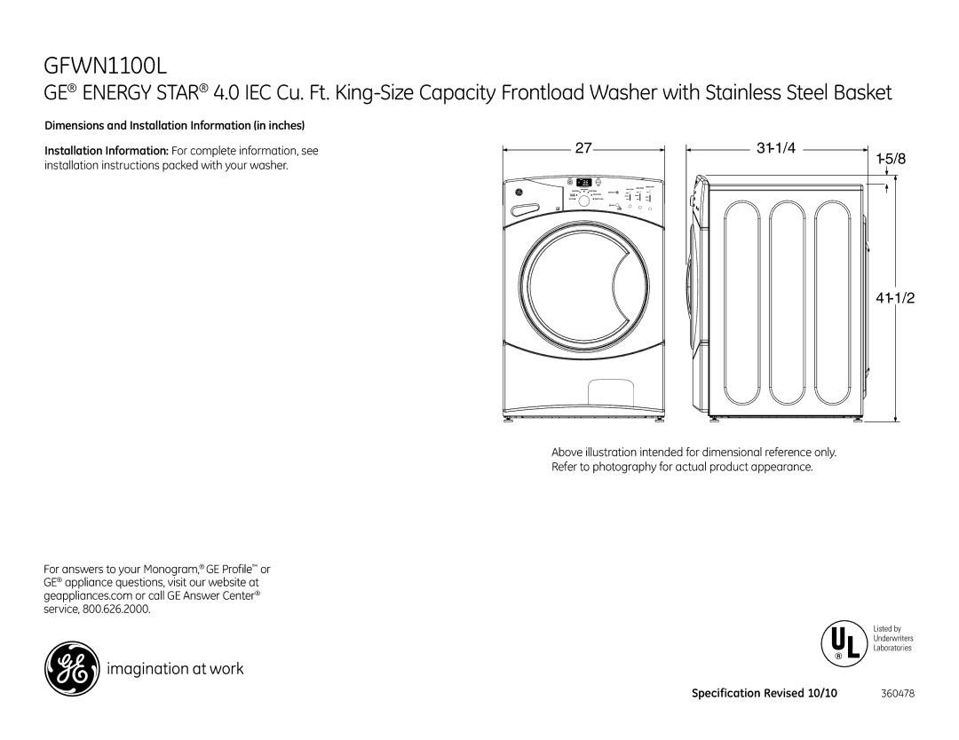 GE GFWN1100L dimensions 31-1/4 41-1/2, Dimensions and Installation Information in inches, Specification Revised 10/10 