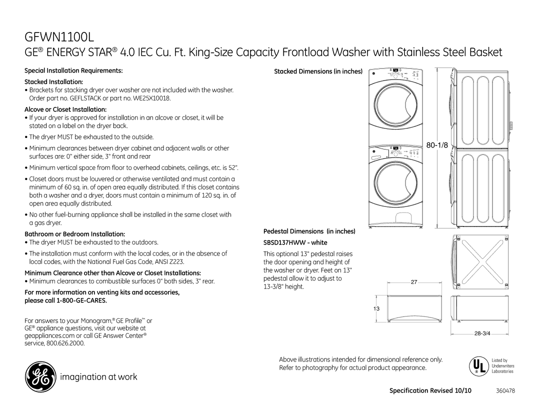 GE GFWN1100LWW dimensions 80-1/8, Special Installation Requirements Stacked Installation, Alcove or Closet Installation 