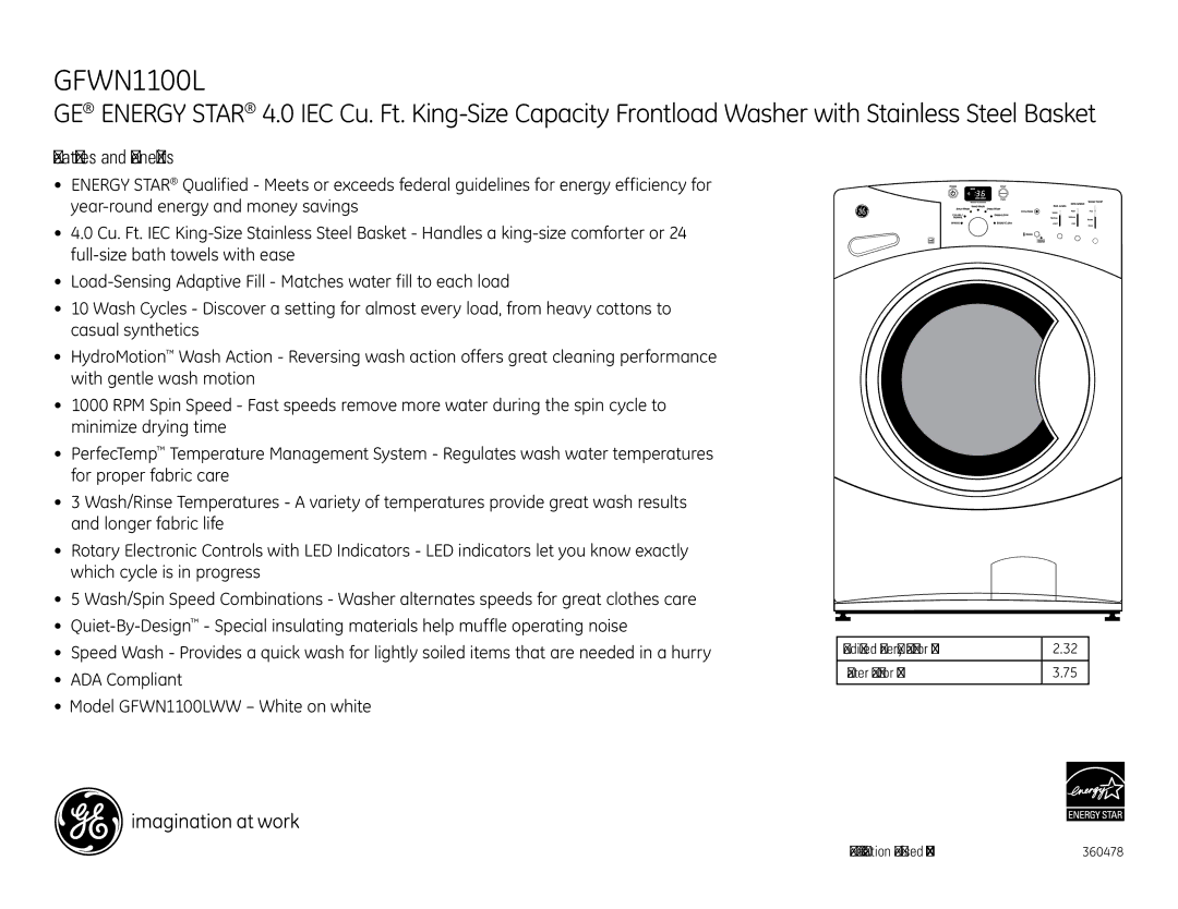 GE GFWN1100LWW dimensions Features and Benefits, Water Factor WF Specification Revised 10/10 