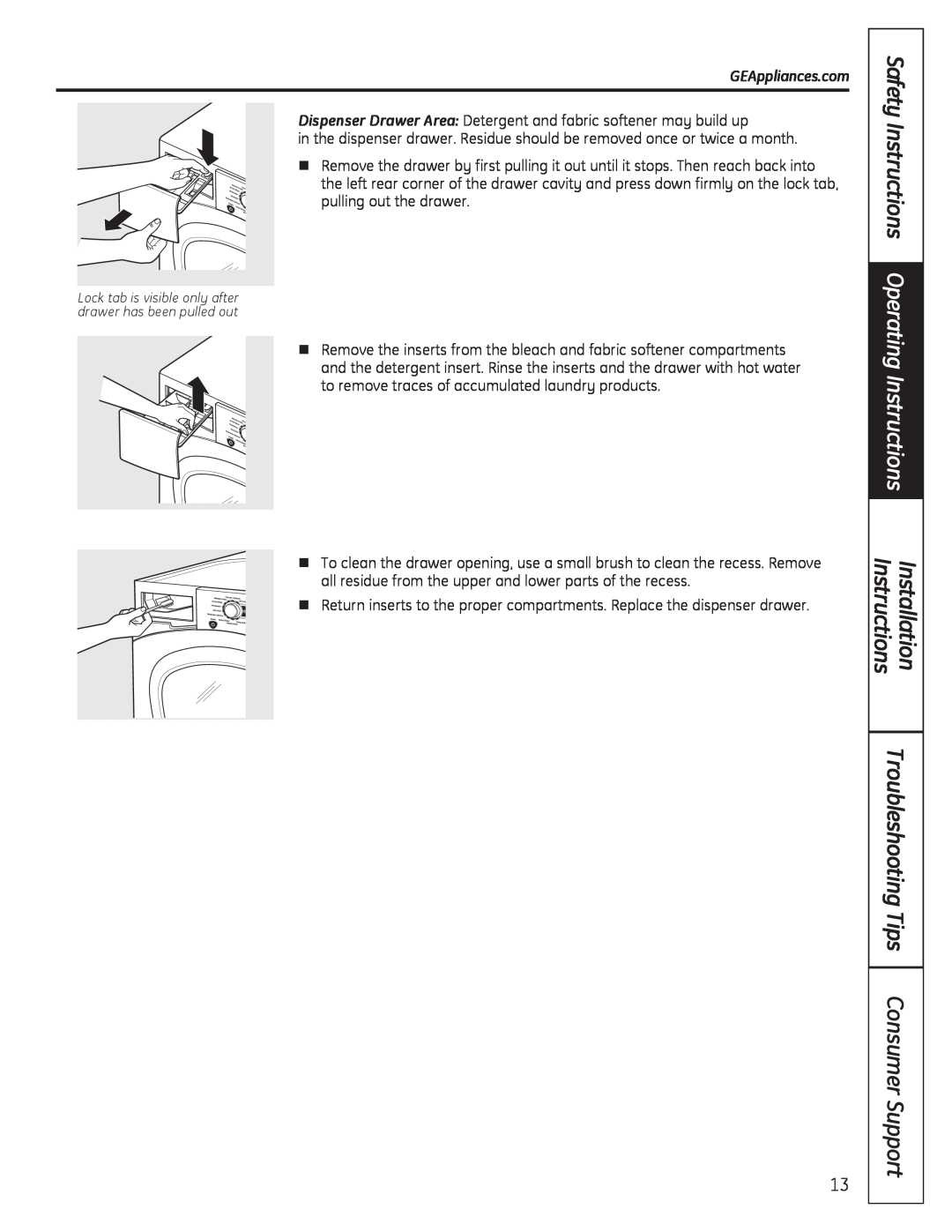 GE GFWS3505 Safety Instructions Operating Instructions, Troubleshooting Tips Consumer Support, Installation Instructions 