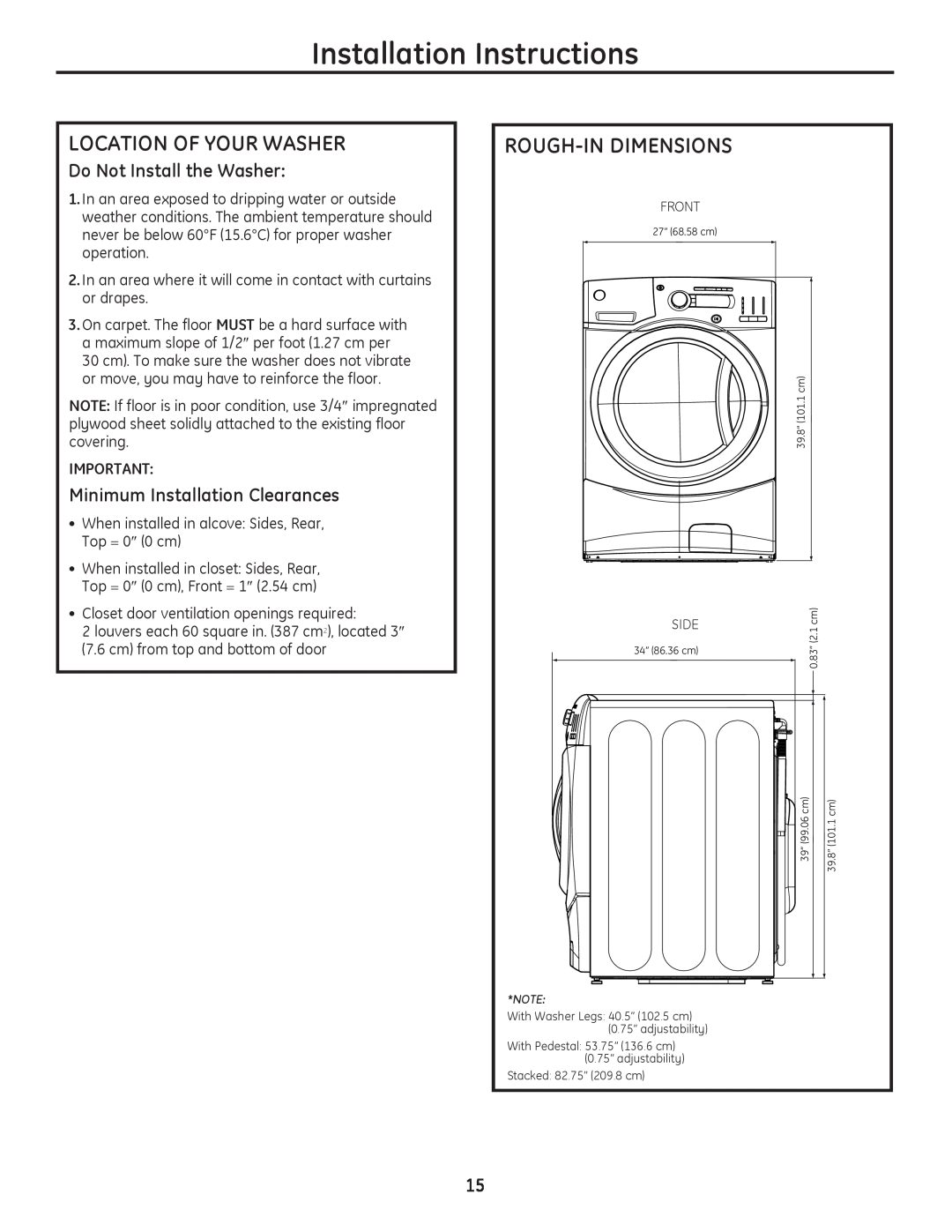 GE GFWS3600, GFWS3605 Installation Instructions, Location Of Your Washer, Rough-In Dimensions, Do Not Install the Washer 