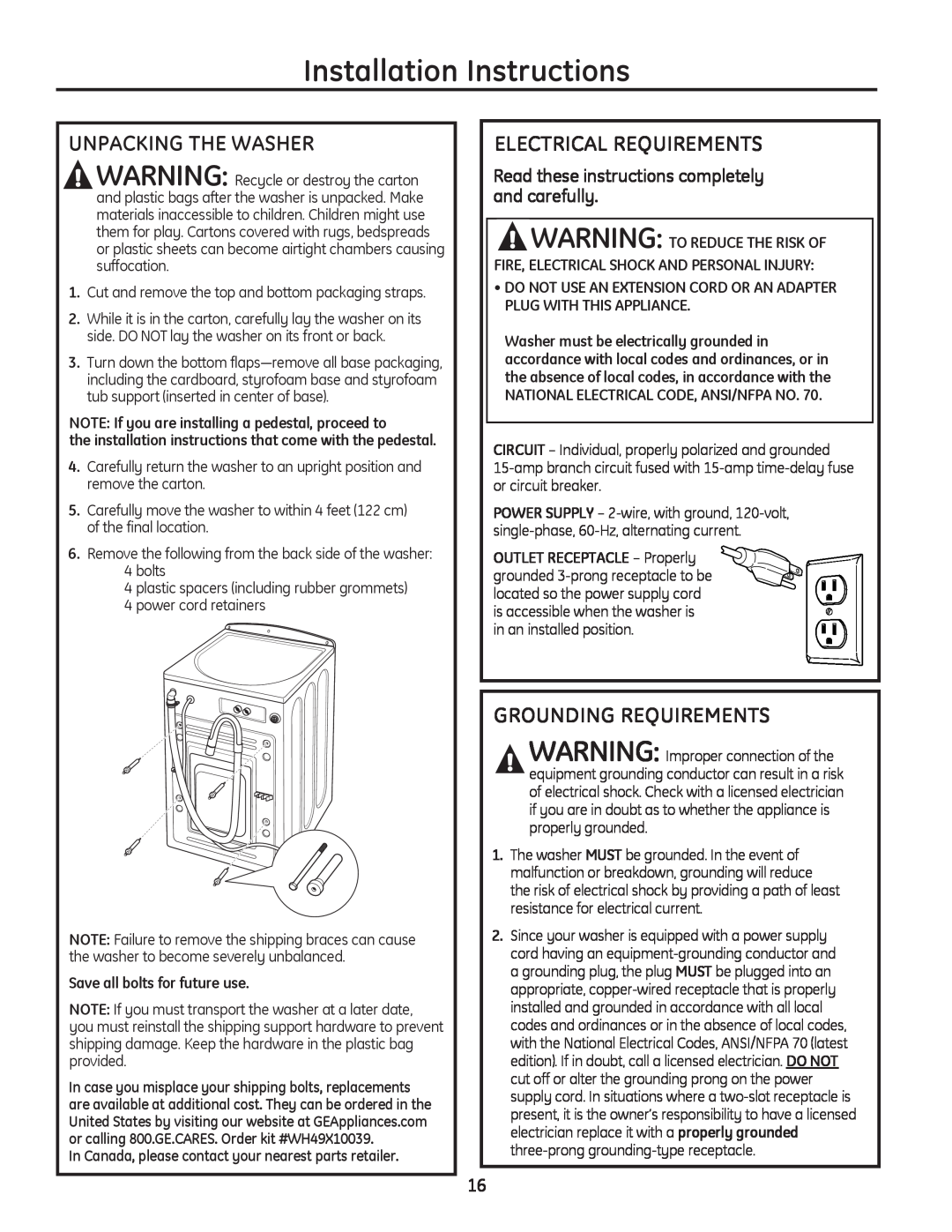 GE GFWH2405, GFWS3605 Unpacking The Washer, Electrical Requirements, Grounding Requirements, Installation Instructions 