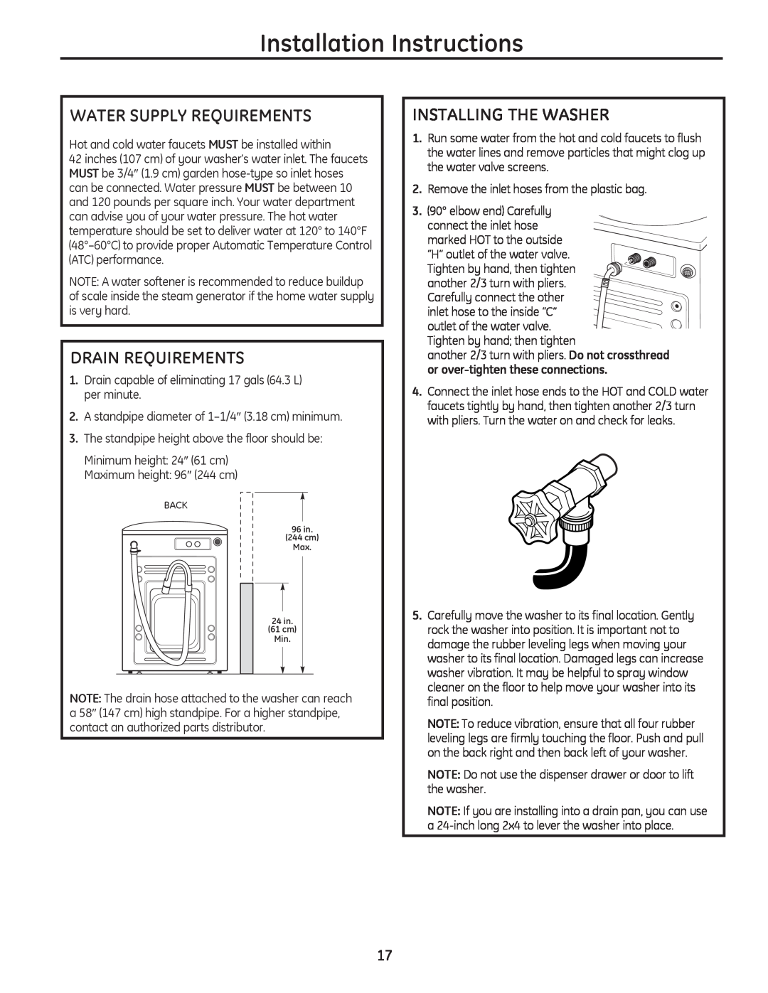 GE GFWH2400, GFWS3605 Water Supply Requirements, Drain Requirements, Installing The Washer, Installation Instructions 