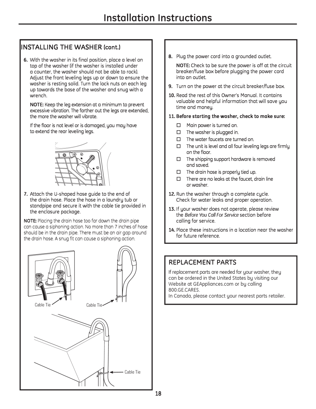 GE GFWS3605, GFWS3505, GFWS3500, GFWS3600, GFWH2405 INSTALLING THE WASHER cont, Replacement Parts, Installation Instructions 