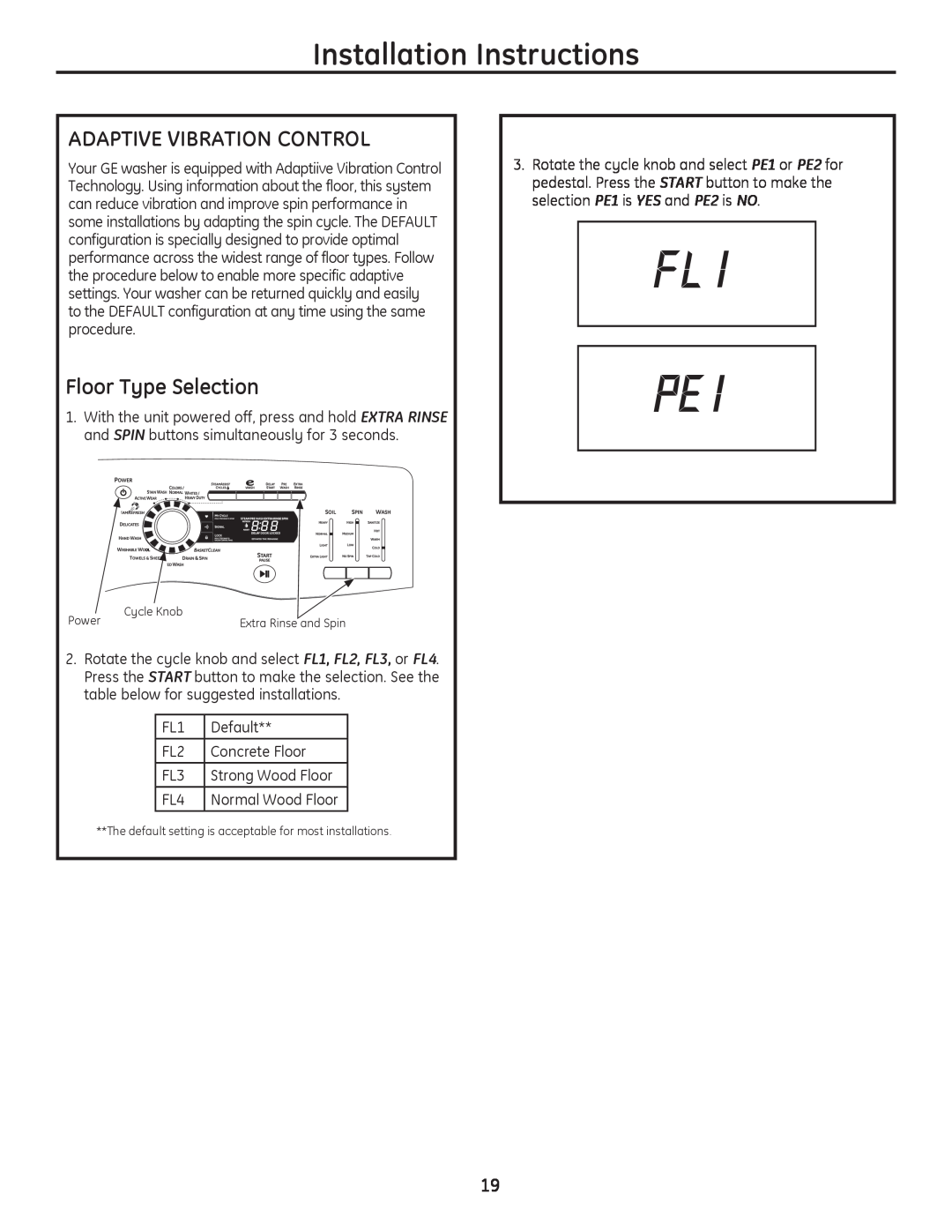 GE GFWS3505, GFWS3605, GFWS3500, GFWS3600 Adaptive Vibration Control, Floor Type Selection, Installation Instructions 