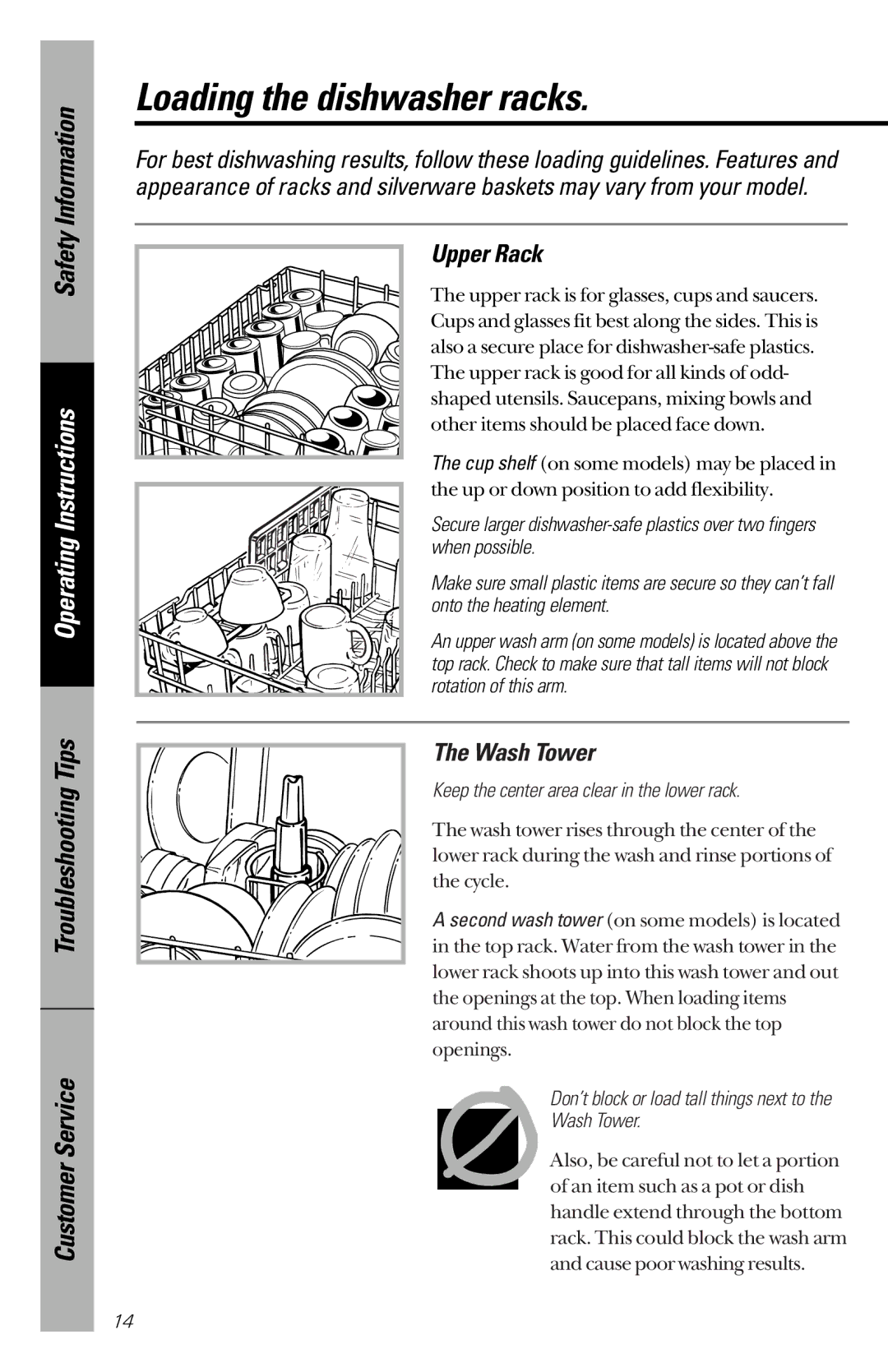 GE GSD3600 series, GSD3900 series, GSD3700 series owner manual Loading the dishwasher racks, Upper Rack, Wash Tower 