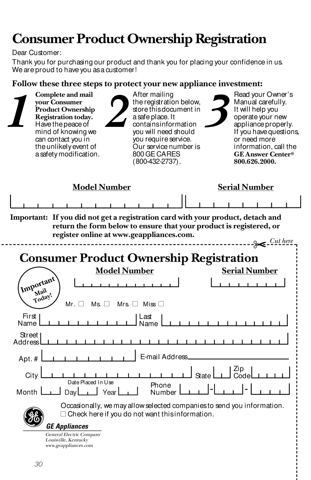 GE GSD3600 series, GSD3900 series, GSD3700 series owner manual Consumer Product Ownership Registration, GE Appliances 