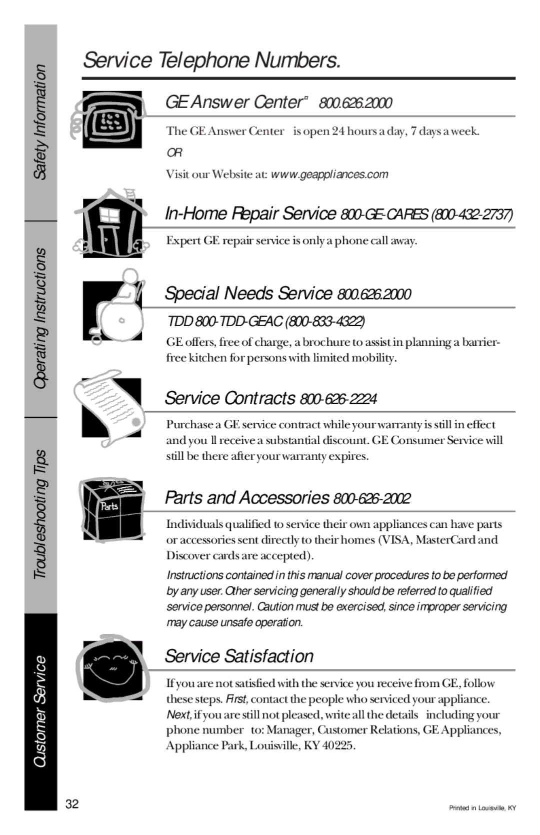 GE GSD3900 series, GSD3700 series Service Telephone Numbers, In-Home Repair Service 800-GE-CARES, TDD 800-TDD-GEAC 